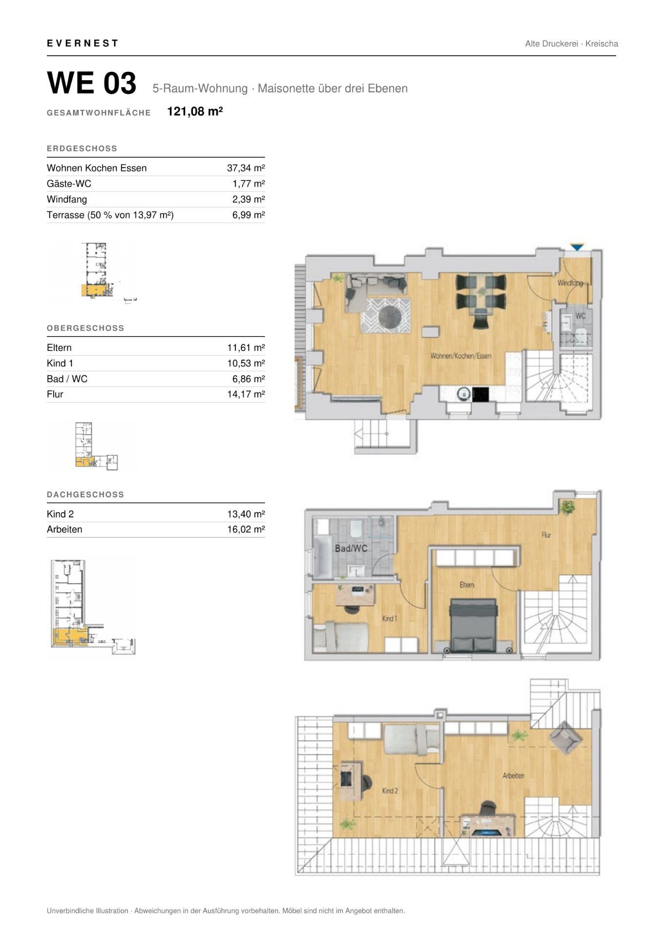 Grundriss einer dreistöckigen Maisonettewohnung mit Wohnzimmer, Küche, Bädern und Schlafzimmern.