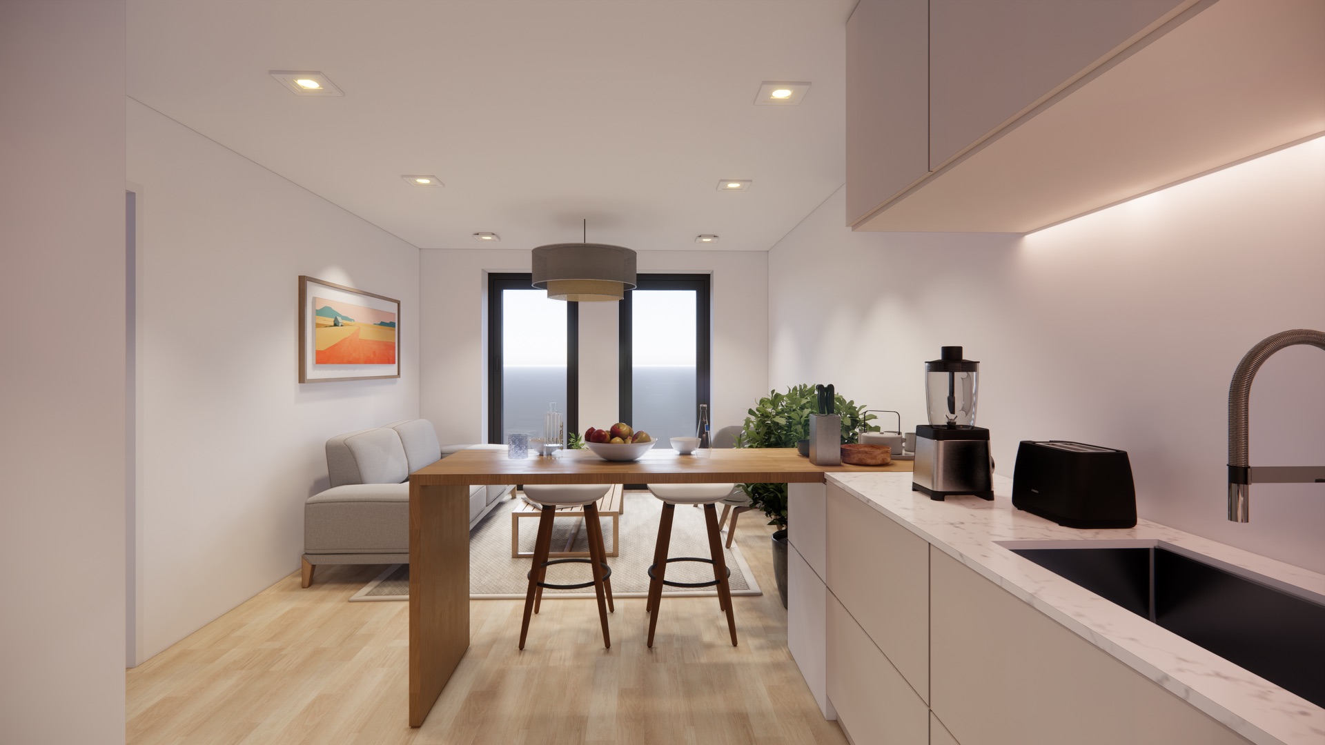 Moderne Küche mit Tresen, Stühlen, Sofa, Wandbild und großen Fenstern im Hintergrund.