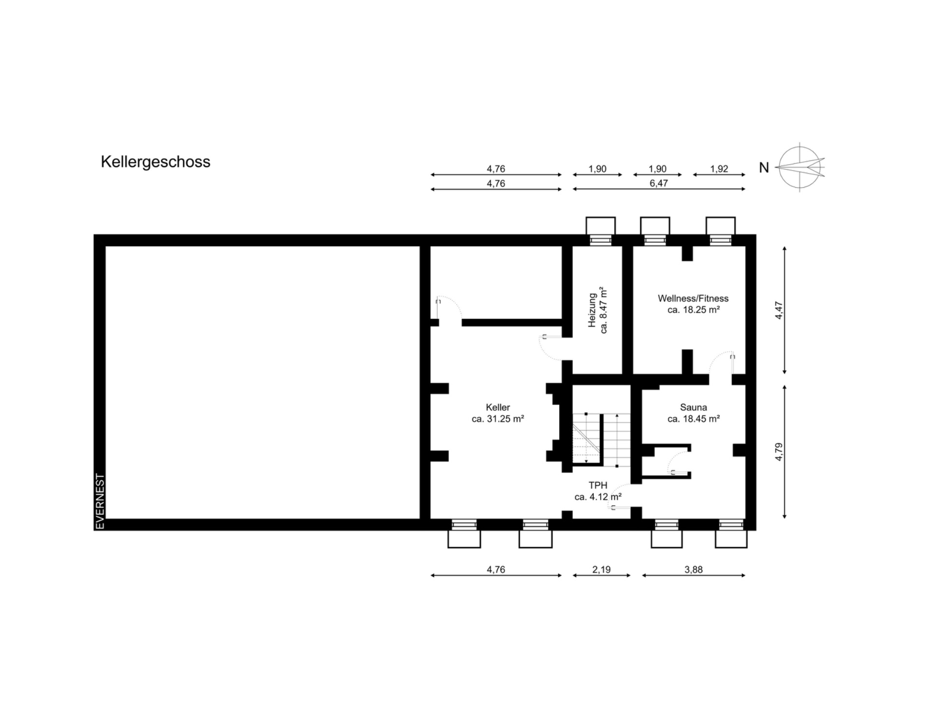 Grundriss des Kellergeschosses mit Keller, Sauna, Wellness/Fitness und Technikraum.
