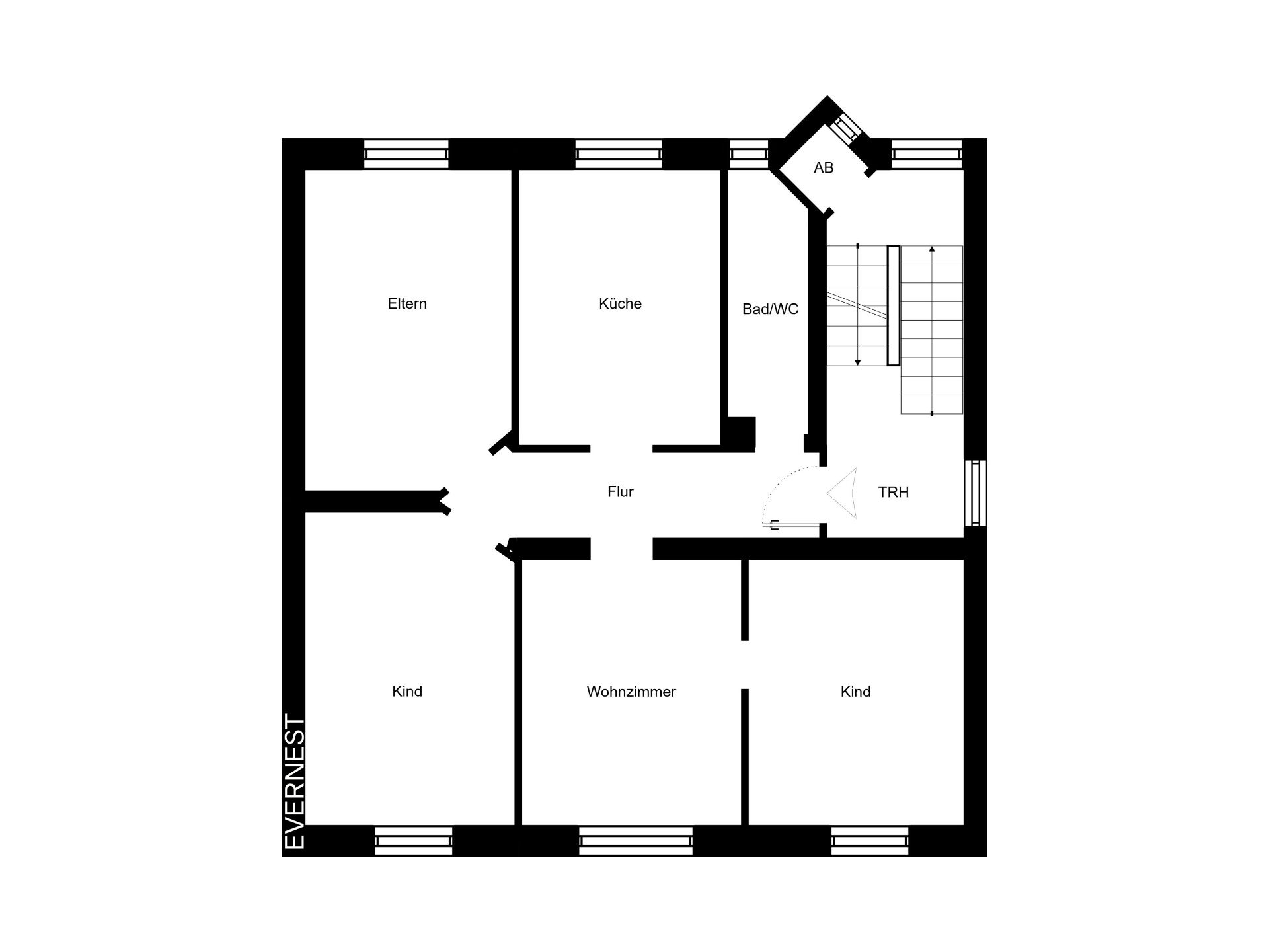 Grundriss einer Wohnung mit Wohnzimmer, Küche, Bad/WC, Eltern- und Kinderzimmern.