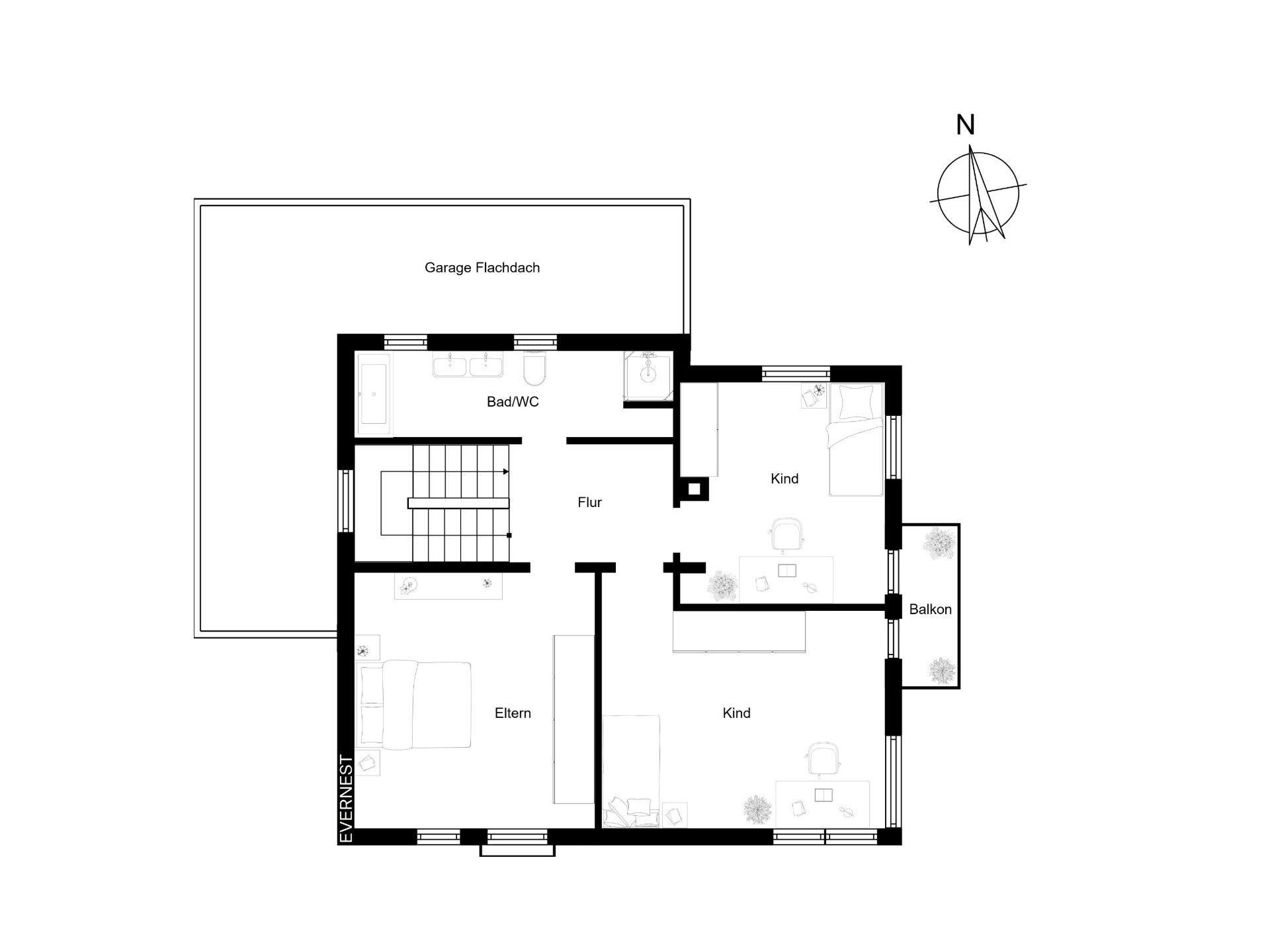 Grundriss eines Hauses mit Garage, Bad, Flur, Elternzimmer, zwei Kinderzimmern und Balkon.
