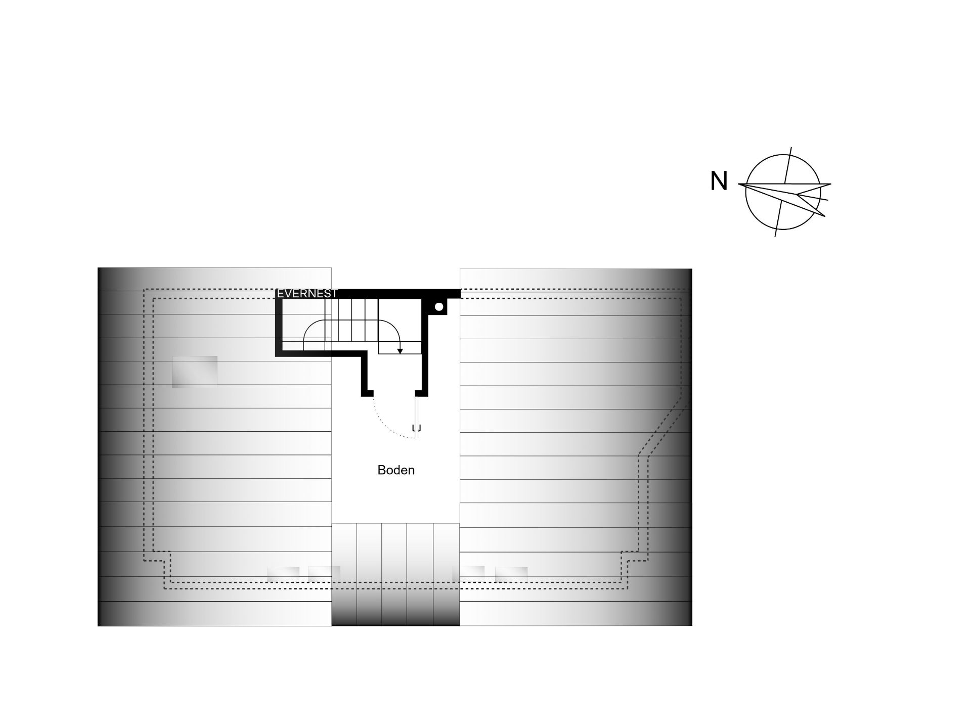 Schwarz-weißer Grundriss eines Dachbodens mit Treppenaufgang.