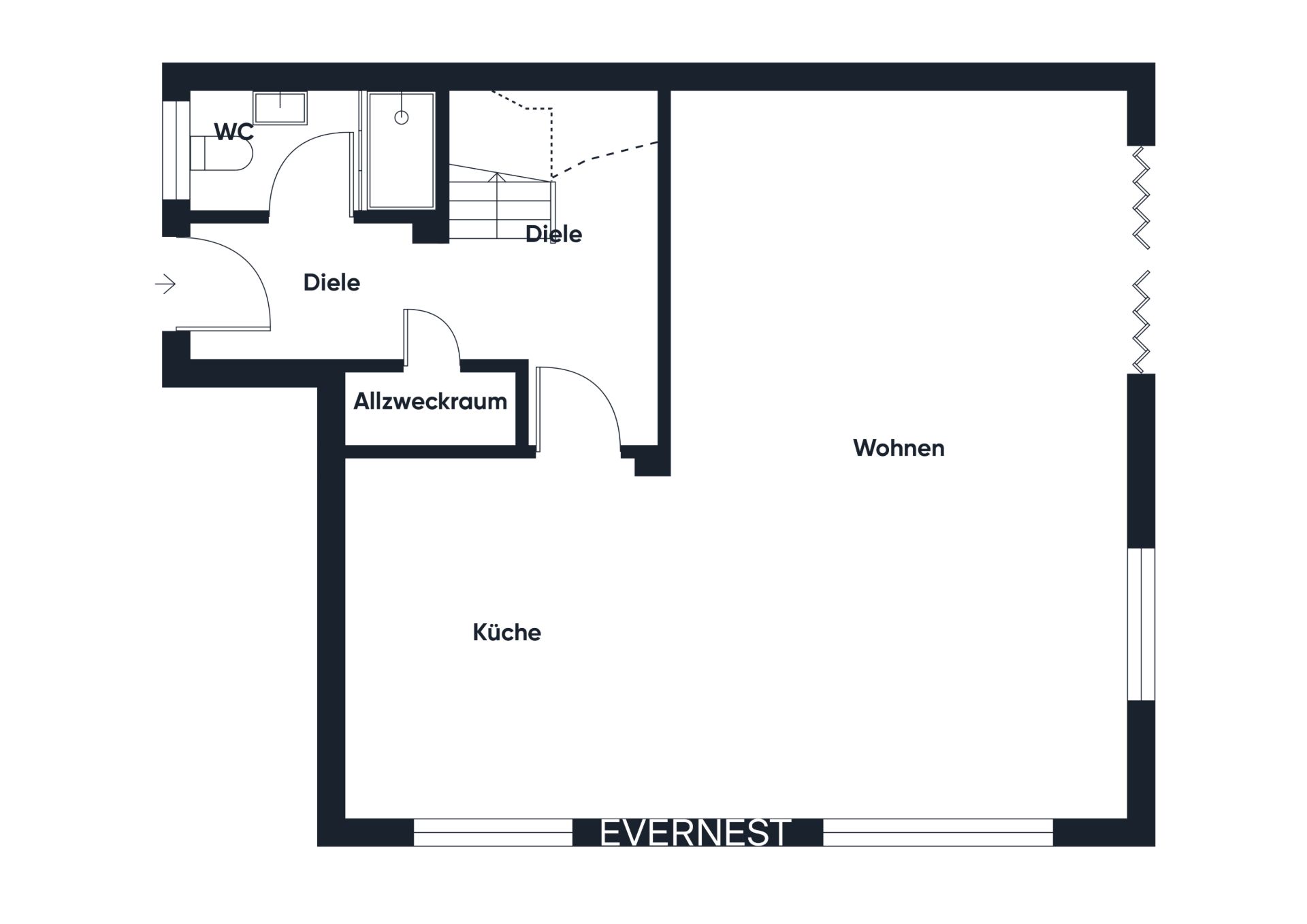 Grundriss einer Wohnung mit Wohnen, Küche, WC, Diele und Allzweckraum.