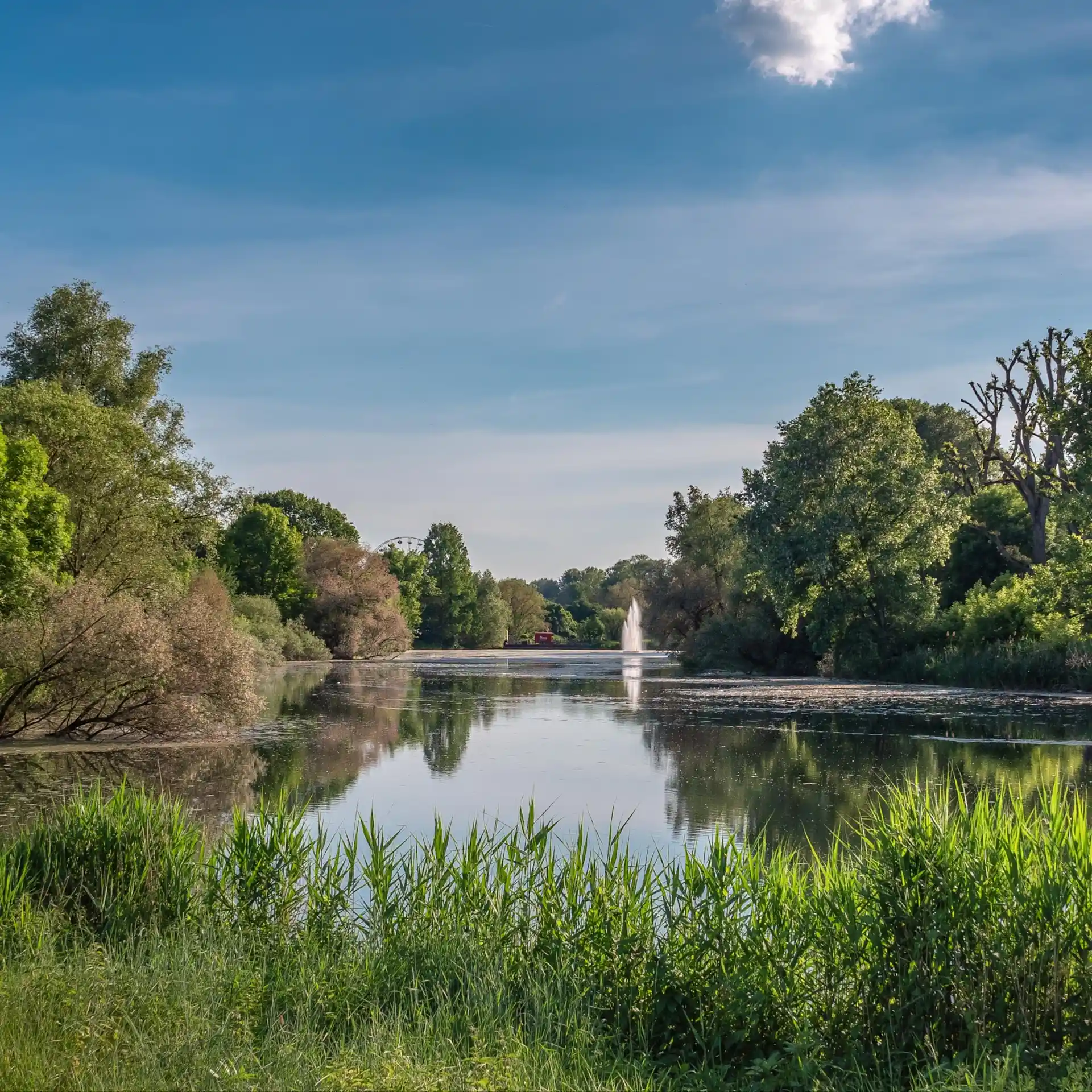 See mit Springbrunnen, umgeben von Bäumen und grüner Vegetation unter blauem Himmel.
