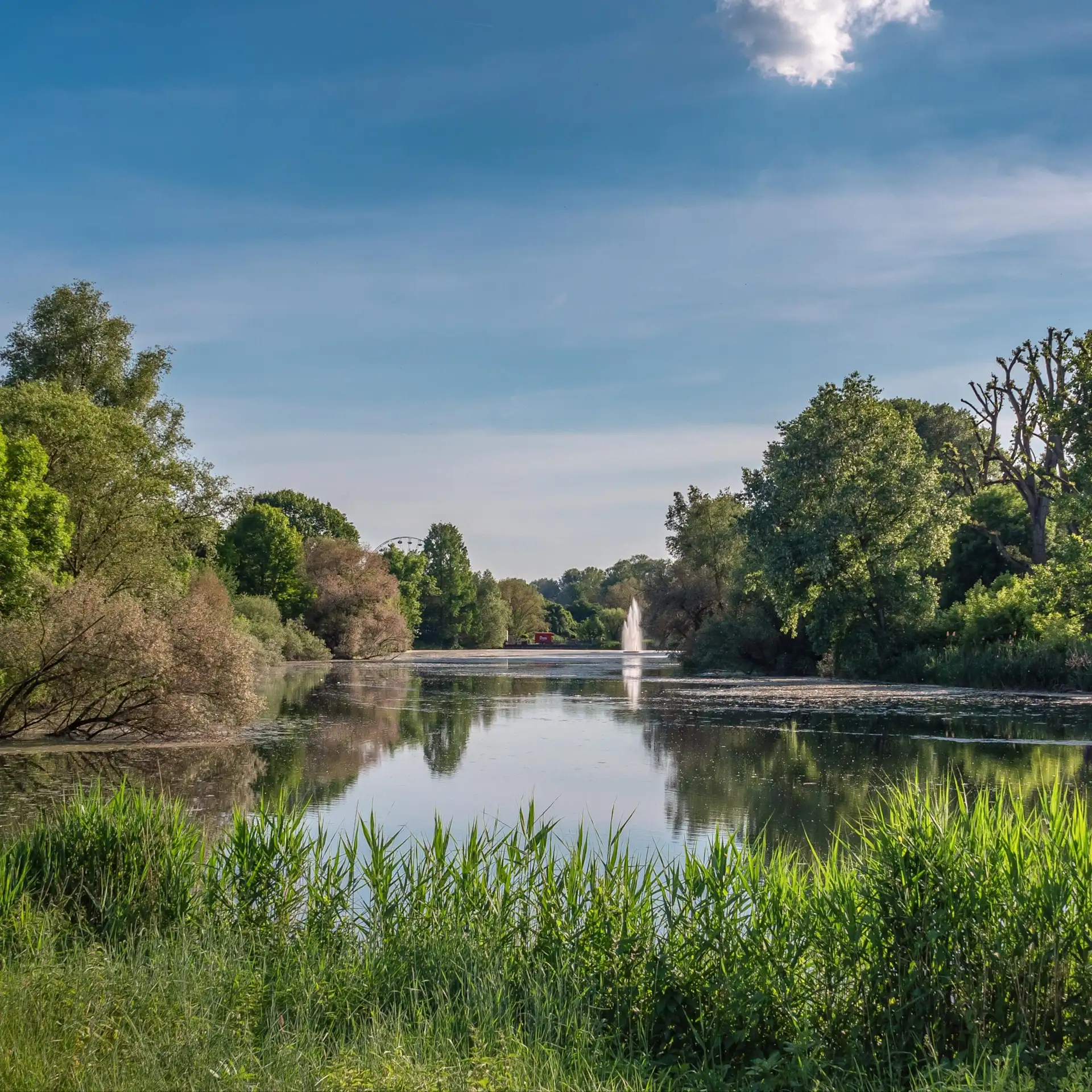 See mit Springbrunnen, umgeben von Bäumen und grüner Vegetation unter blauem Himmel.