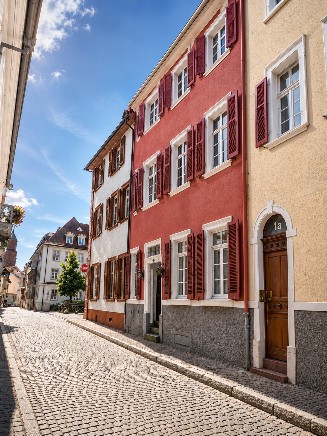Mehrstöckige Wohnhäuser mit farbigen Fassaden und Fensterläden an einer gepflasterten Straße.