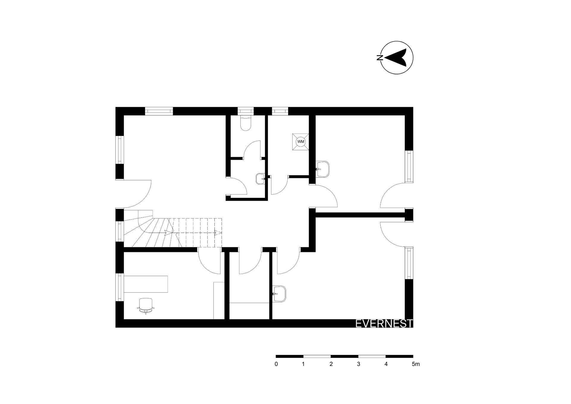 Schwarz-weißer Grundriss einer Wohnimmobilie mit mehreren Räumen und Treppe.