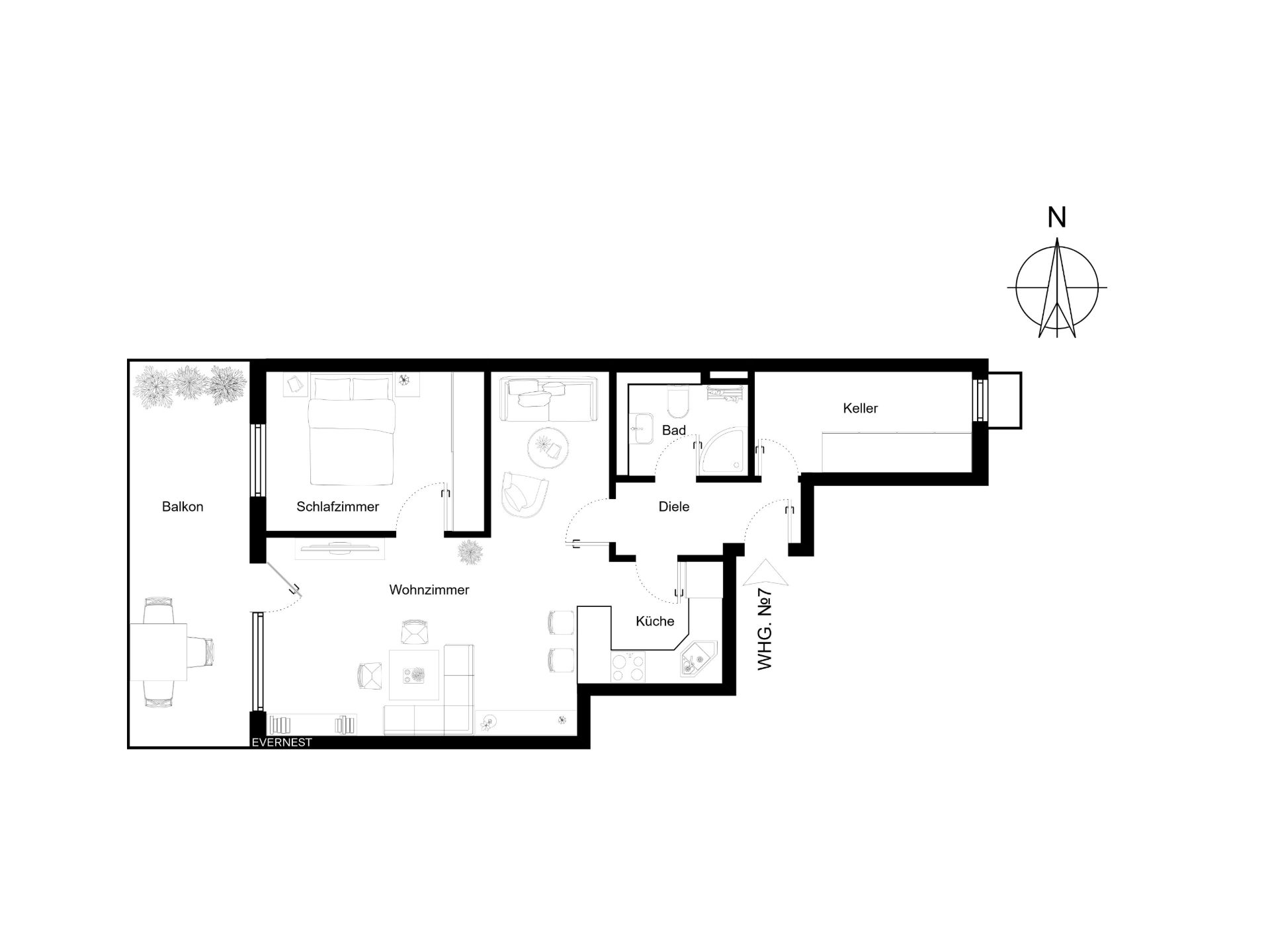 Grundriss einer Wohnung mit Schlafzimmer, Wohnzimmer, Küche, Bad, Diele, Balkon und Keller.