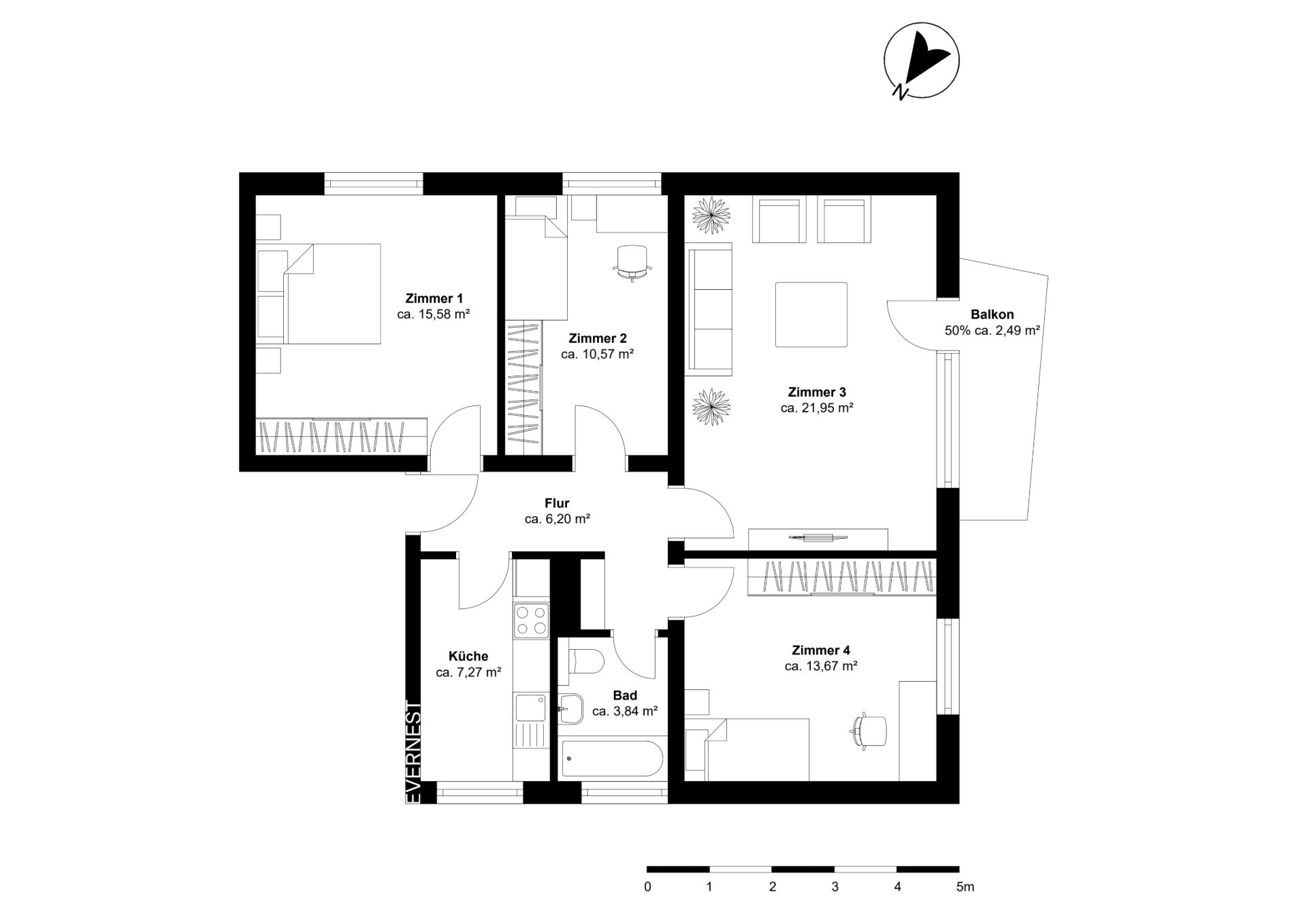 Wohnungsgrundriss mit vier Zimmern, Küche, Bad, Flur und Balkon.
