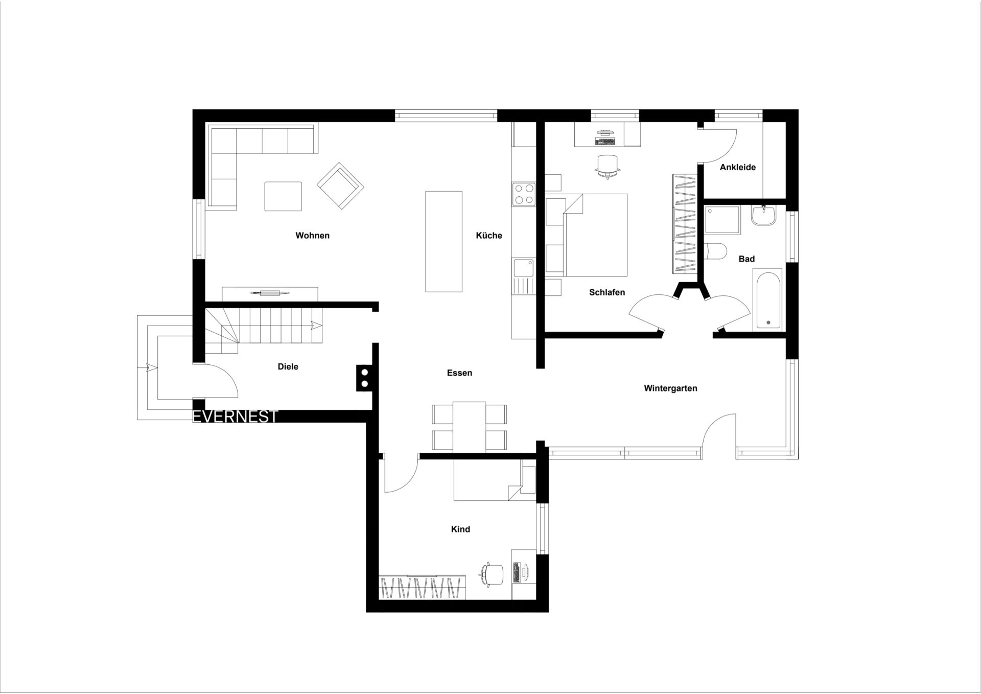 Grundriss einer Wohnung mit Wohn-, Schlaf-, Kinderzimmer, Küche, Bad, Wintergarten und Ankleide.