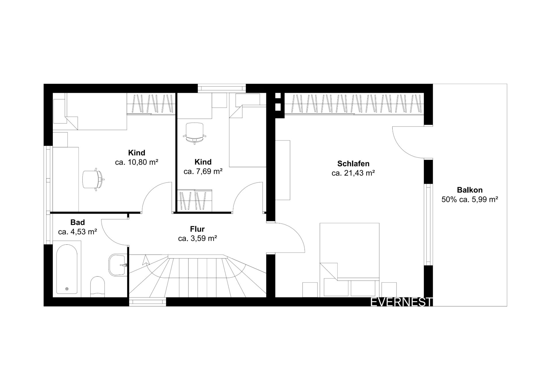 Grundriss mit zwei Kinderzimmern, Schlafzimmer, Bad, Flur und Balkon.