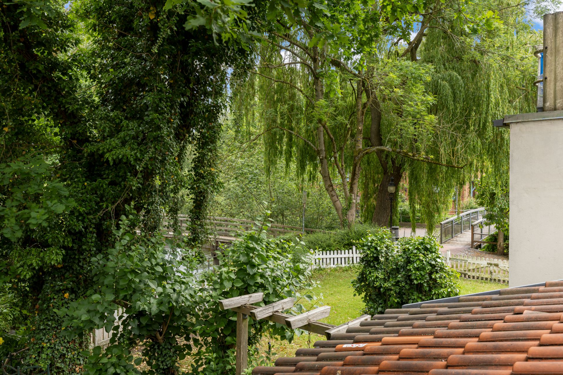 Blick auf einen Garten mit großen Bäumen, Holzzaun und einem Hausdach im Vordergrund.