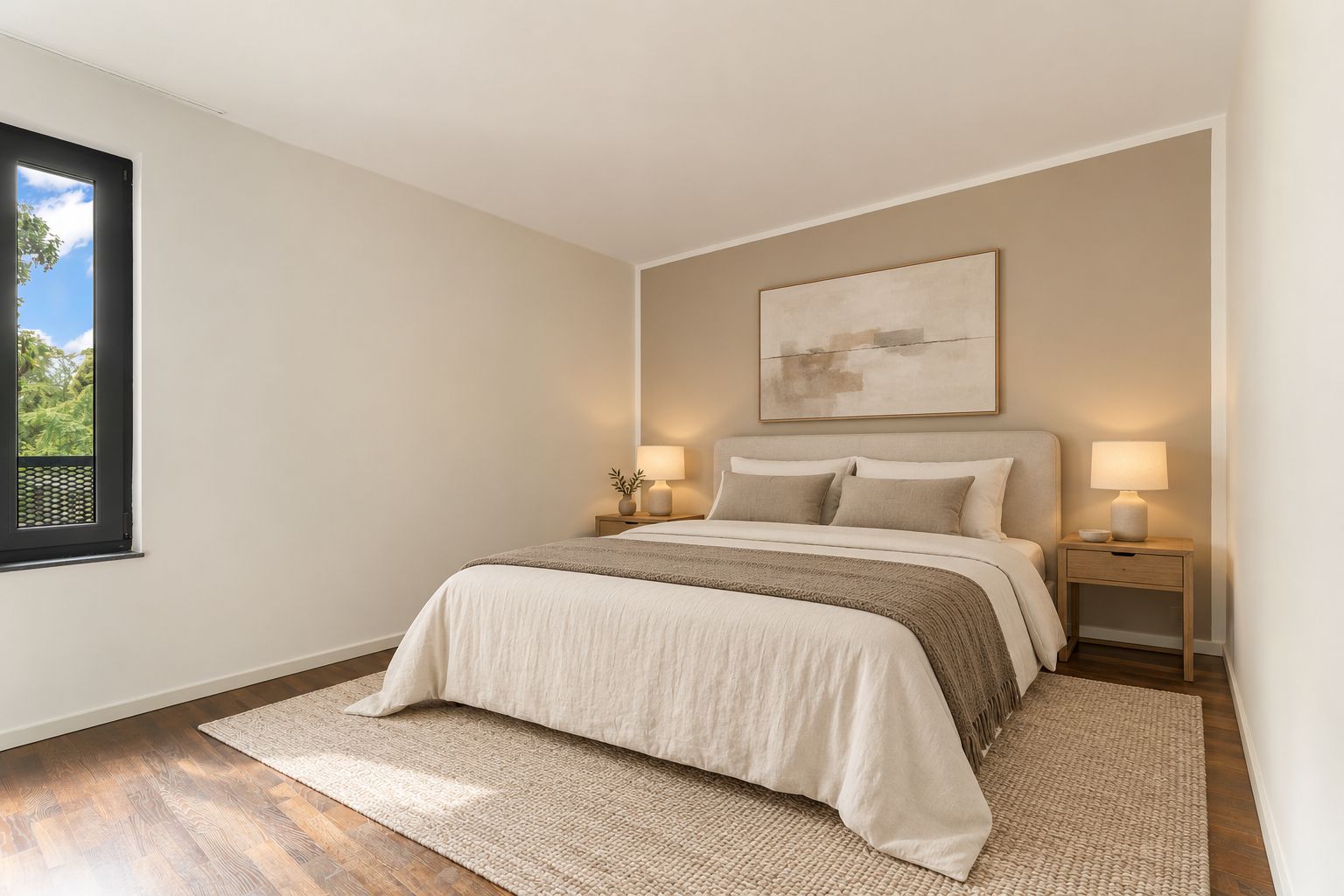 Helles Schlafzimmer mit großem Bett, zwei Nachttischen und Fenstern, minimalistisch eingerichtet.
