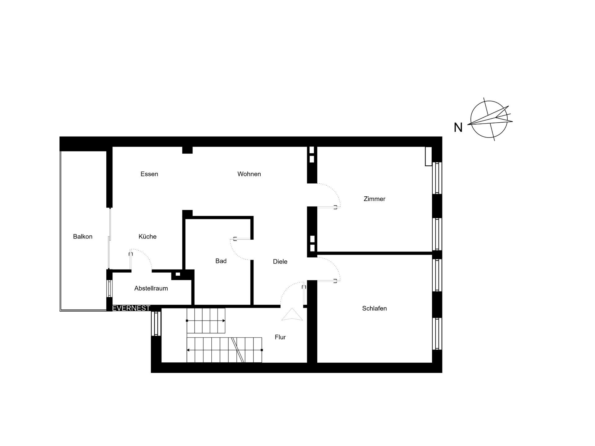 Grundriss einer Wohnung mit Balkon, Küche, Bad, Abstellraum, Wohn- und Essbereich, zwei Zimmern und Flur.