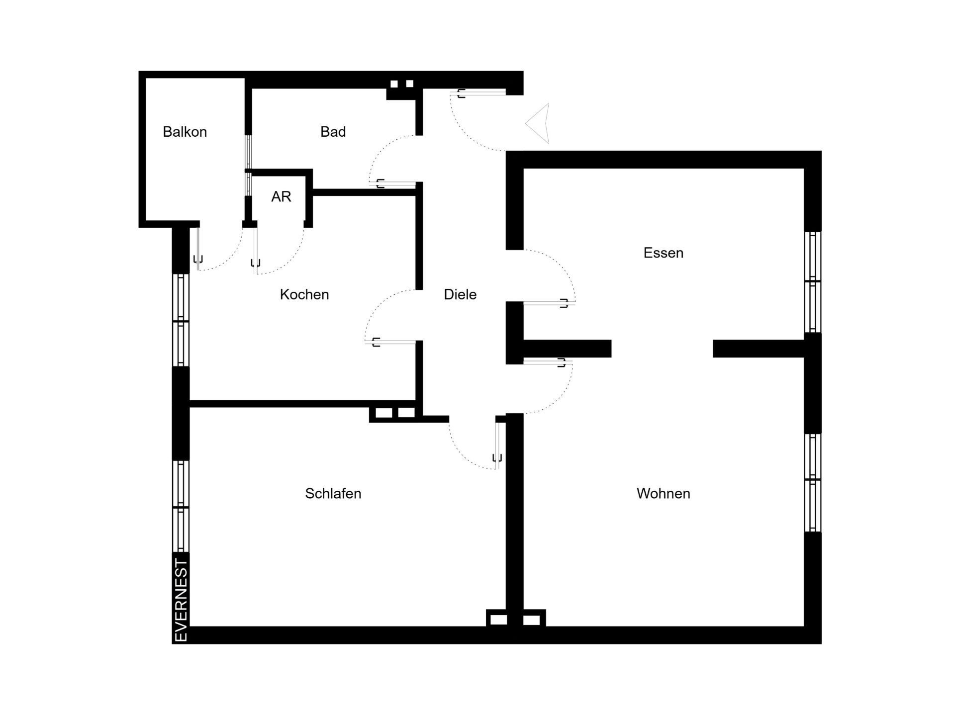 Grundriss einer Wohnung mit Balkon, Bad, Küche, Schlafzimmer, Wohn- und Esszimmer.