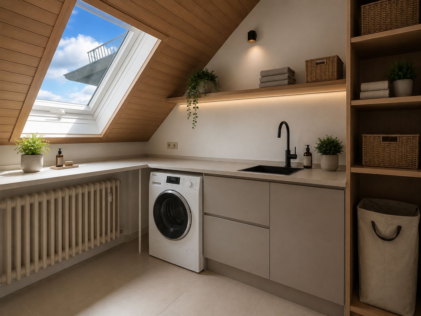 Moderne Waschküche mit Waschmaschine, Spüle, Dachfenster und Regalen mit Körben und Pflanzen.