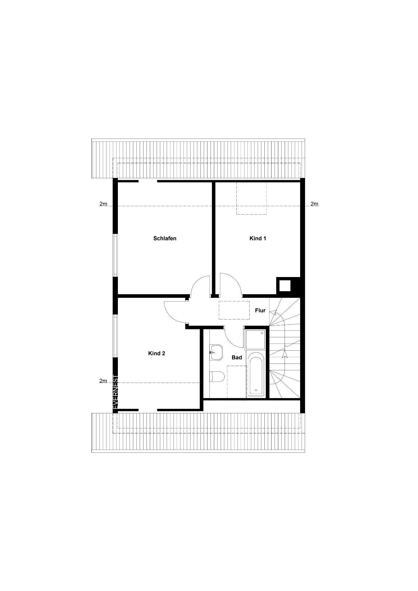 Grundriss mit Schlafzimmer, zwei Kinderzimmern, Bad, Flur und Treppe.