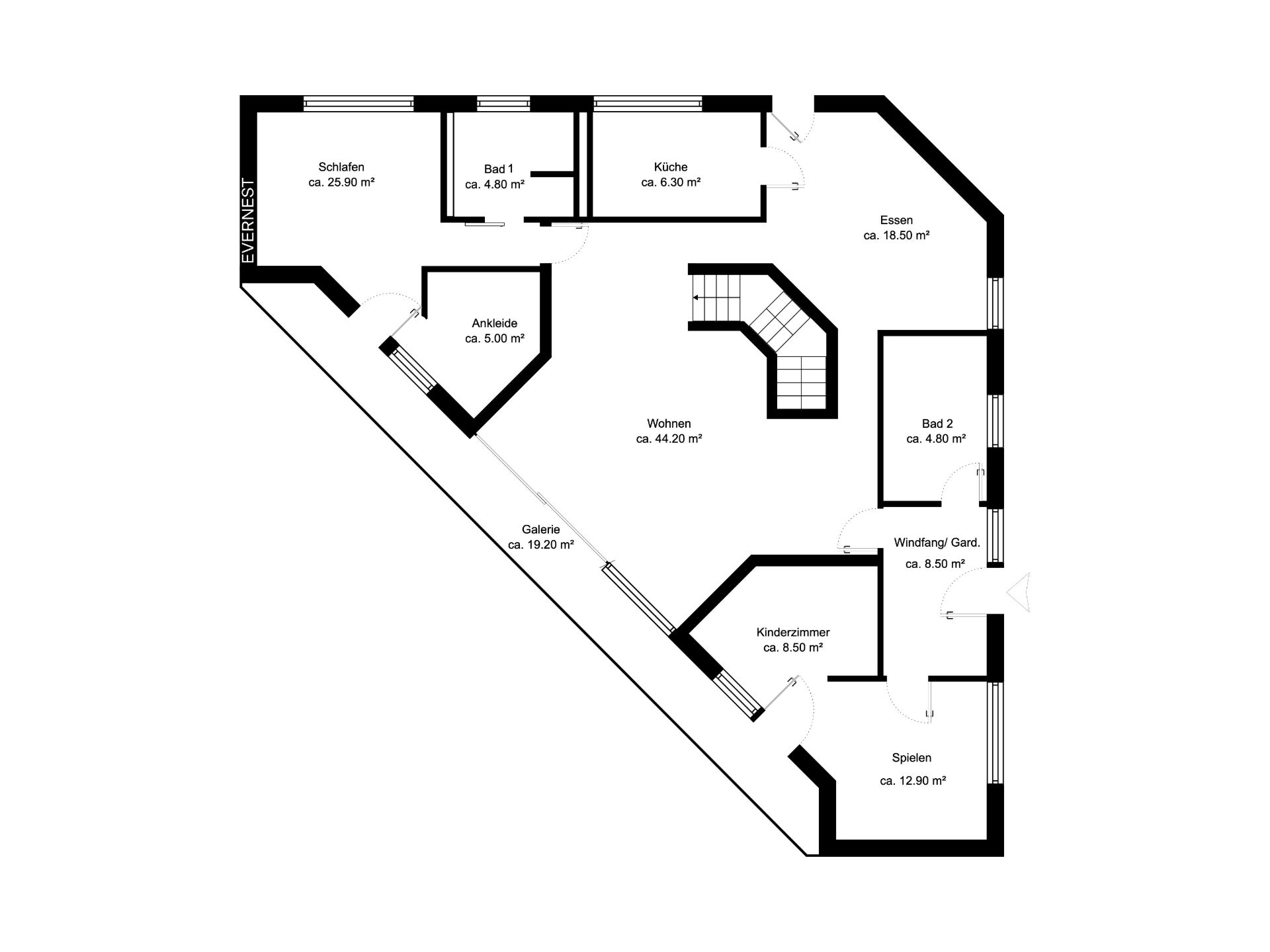 Grundriss mit Schlafzimmer, Küche, Wohnzimmer, Essbereich, zwei Bädern und weiteren Zimmern.