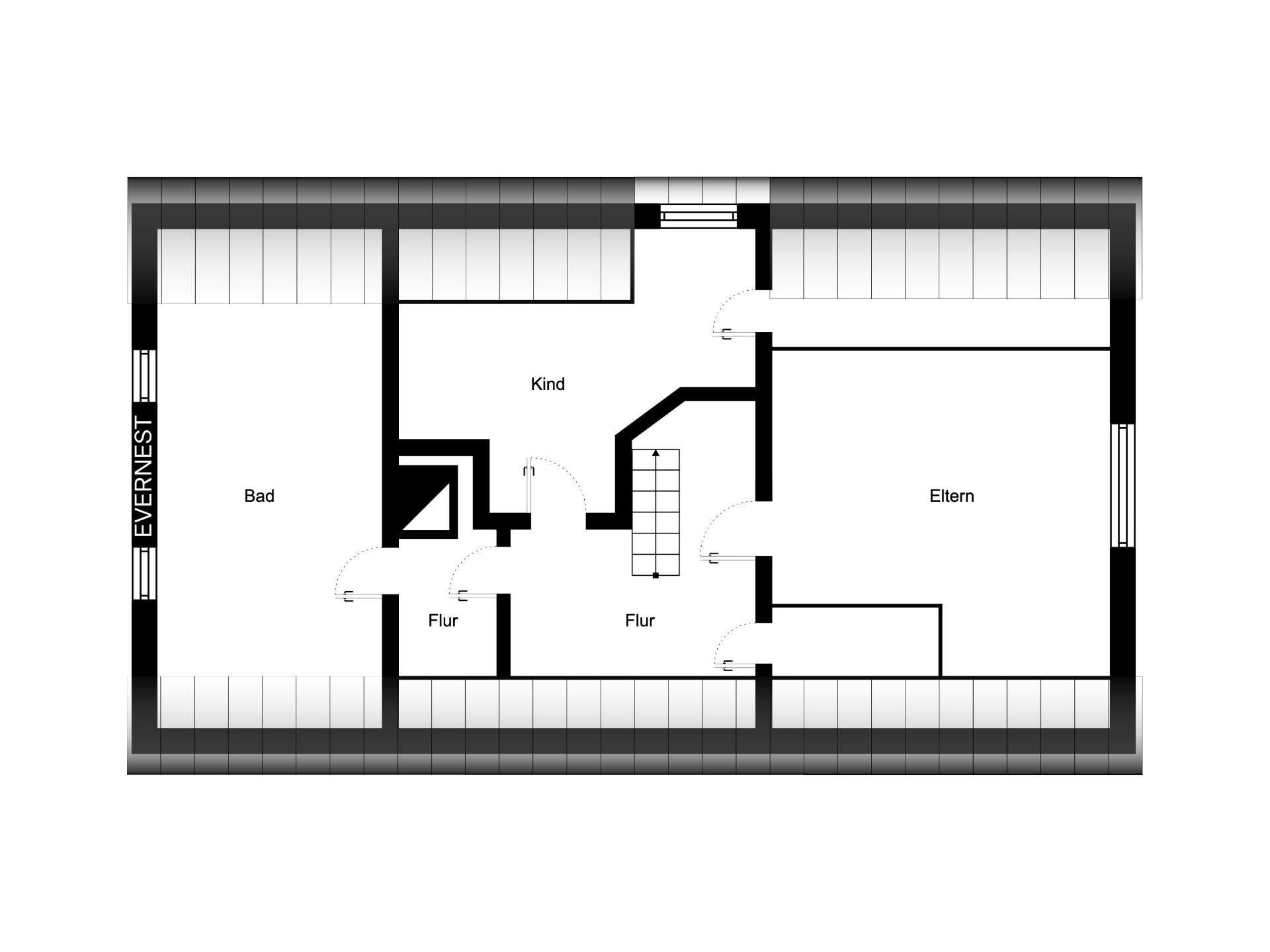 Grundriss mit Bad, Kinderzimmer, Elternzimmer und Flur.