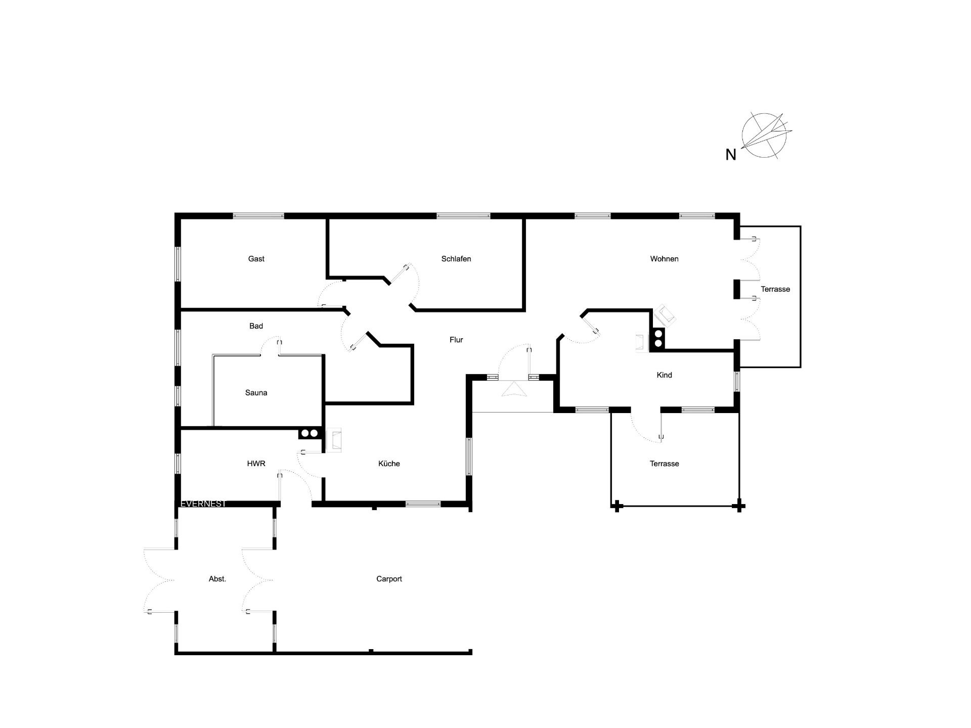 Grundriss eines Wohnhauses mit Zimmern, Küche, Bad, Sauna, Carport und zwei Terrassen.