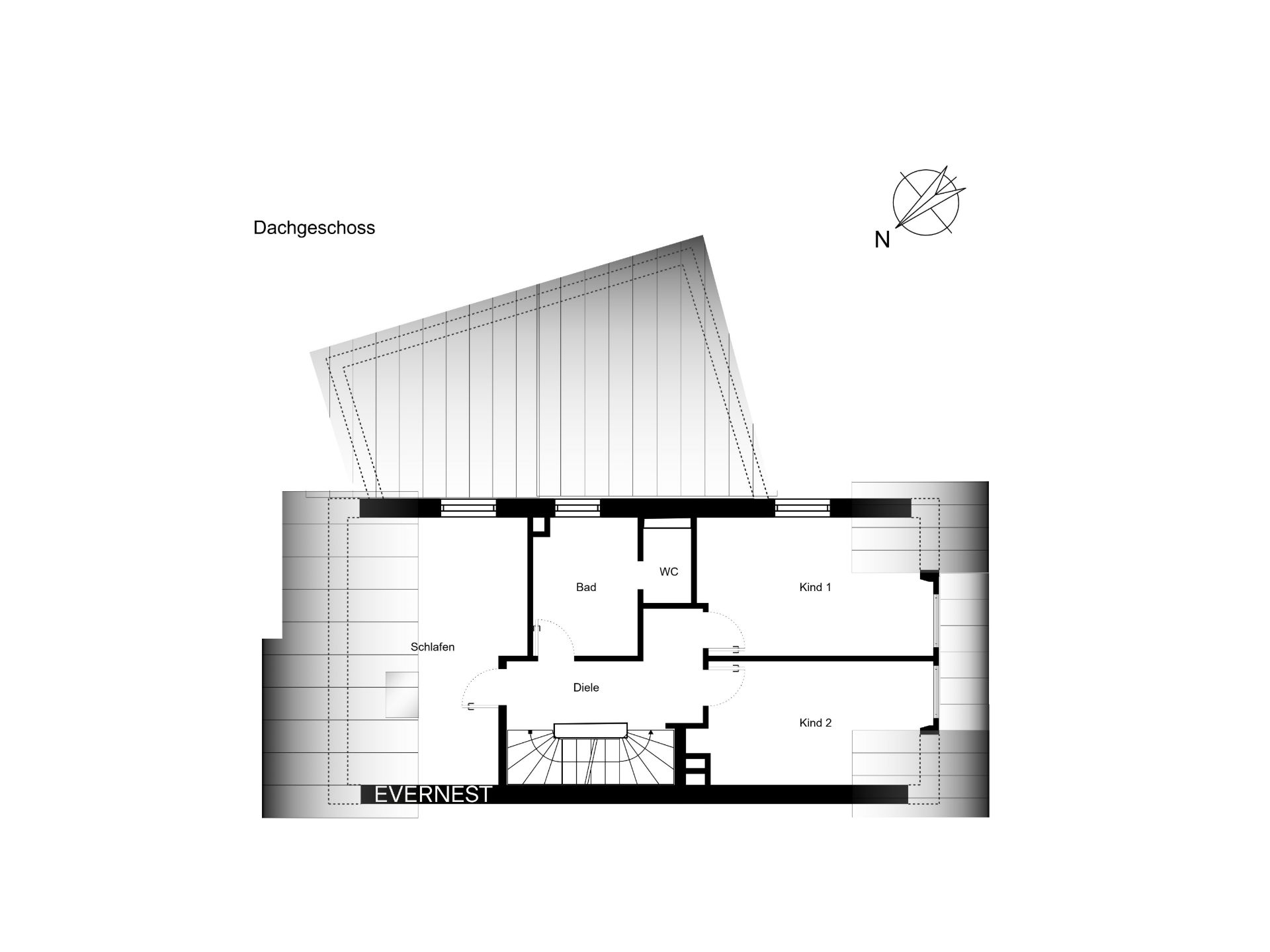 Grundriss eines Dachgeschosses mit Schlafzimmer, zwei Kinderzimmern, Bad, WC und Diele.