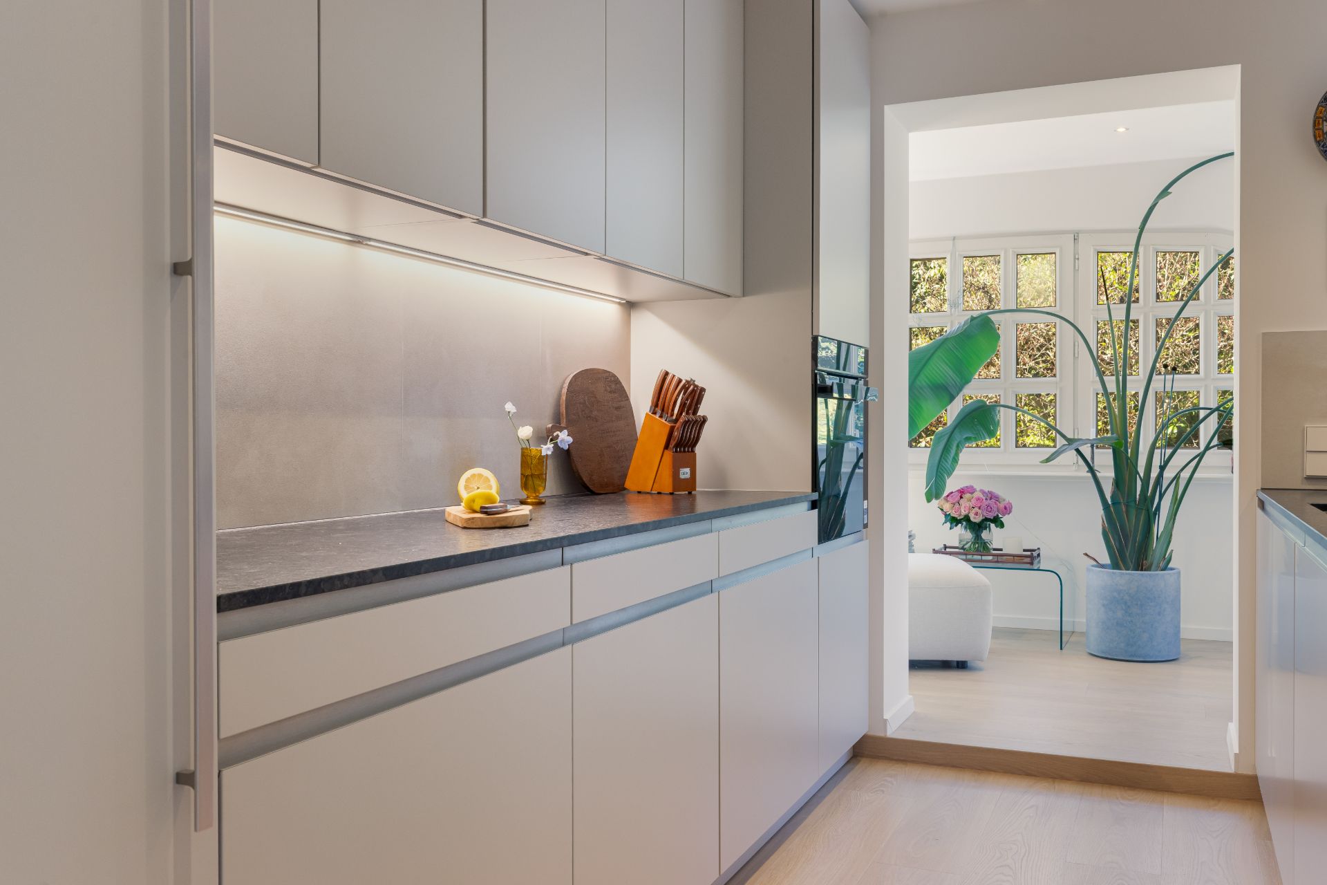 Moderne Küche mit weißen Schränken und Blick ins helle Wohnzimmer mit großen Pflanzen.