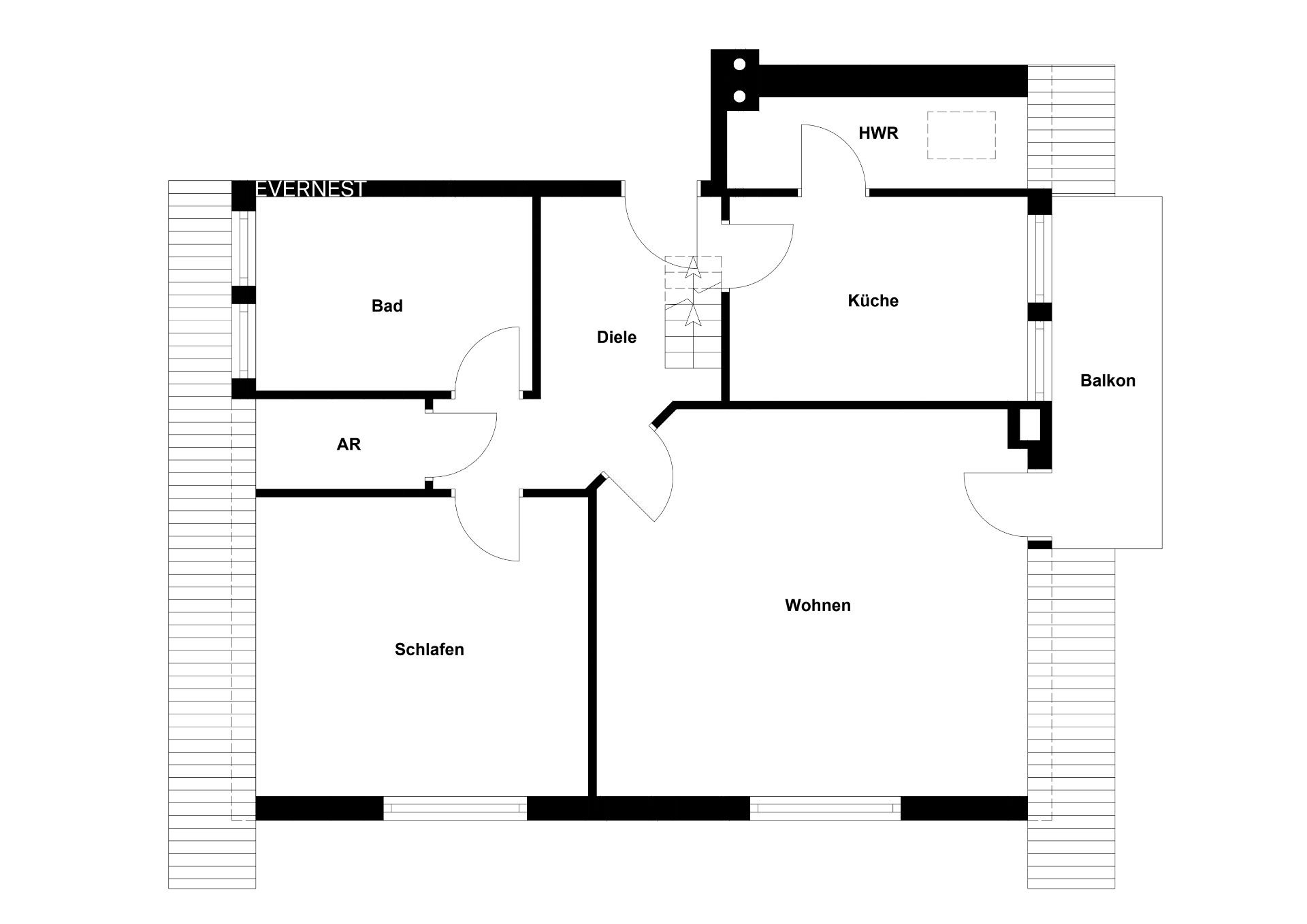 Grundriss einer Wohnung mit Schlafzimmer, Bad, Abstellraum, Küche, Wohnzimmer, Diele und Balkon.