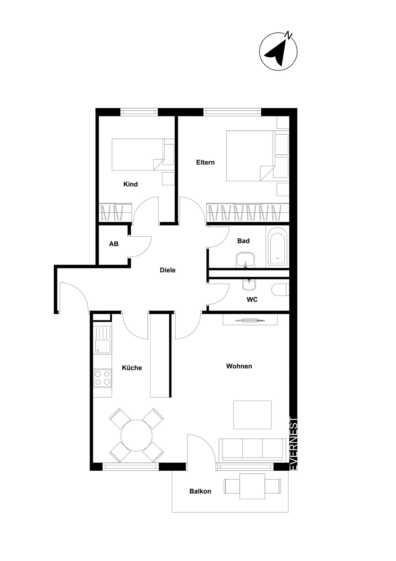 Grundriss einer Wohnung mit Küche, Wohnzimmer, Bad, WC, zwei Schlafzimmern und Balkon.