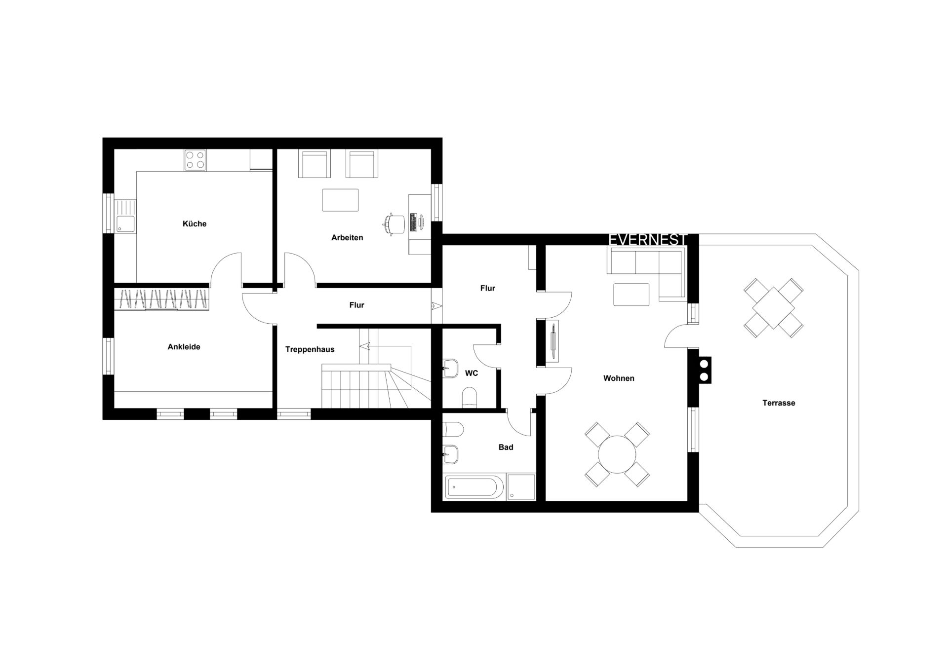 Grundriss einer Wohnung mit Küche, Bad, Wohnzimmer, Arbeitszimmer, Ankleide und Terrasse.