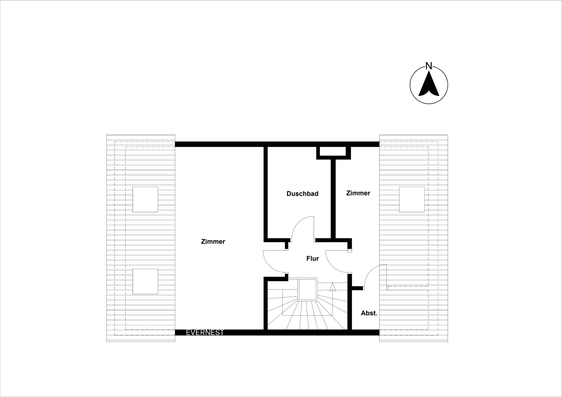 Grundriss einer Etage mit zwei Zimmern, Duschbad, Flur, Abstellraum und Treppe.