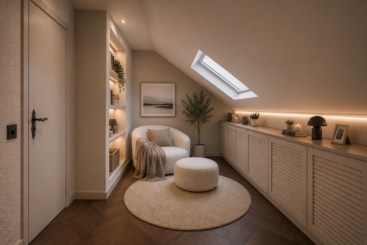 Gemütliche Sitzecke mit Sessel, Hocker und Teppich unter einem Dachfenster, Regal und Sideboard mit Dekoration.