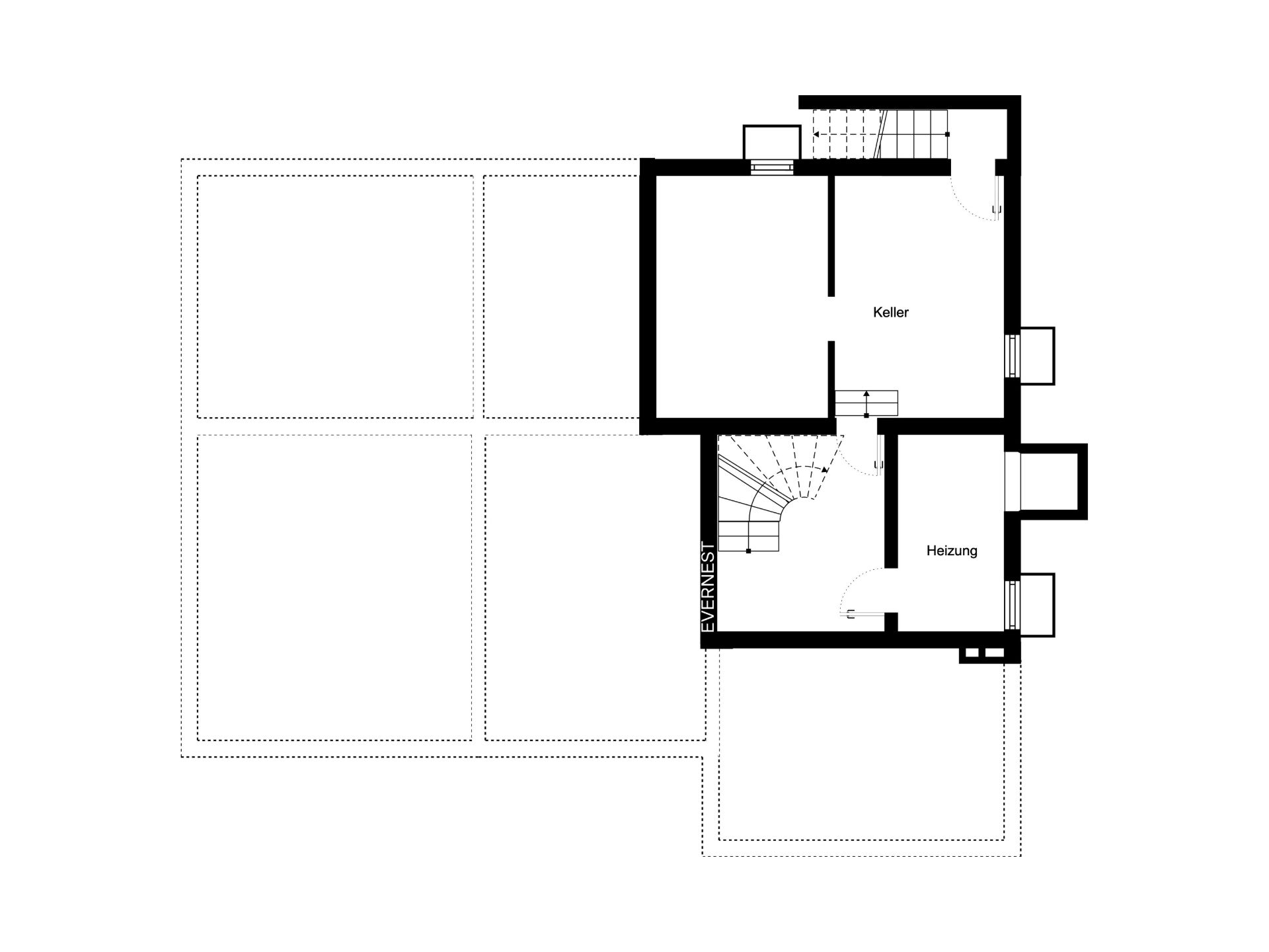 Grundriss eines Kellers mit Heizungsraum, Treppe und mehreren Räumen.