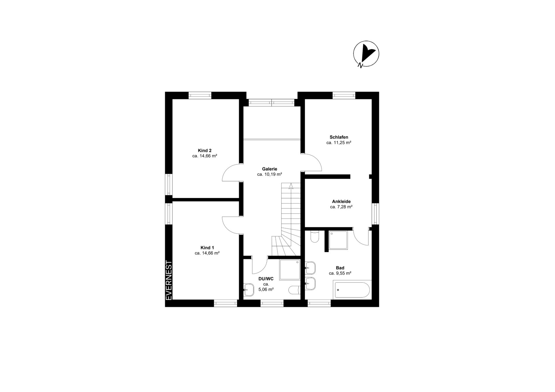 Grundriss mit zwei Kinderzimmern, Schlafzimmer, Bad, Ankleide, Galerie und DU/WC.