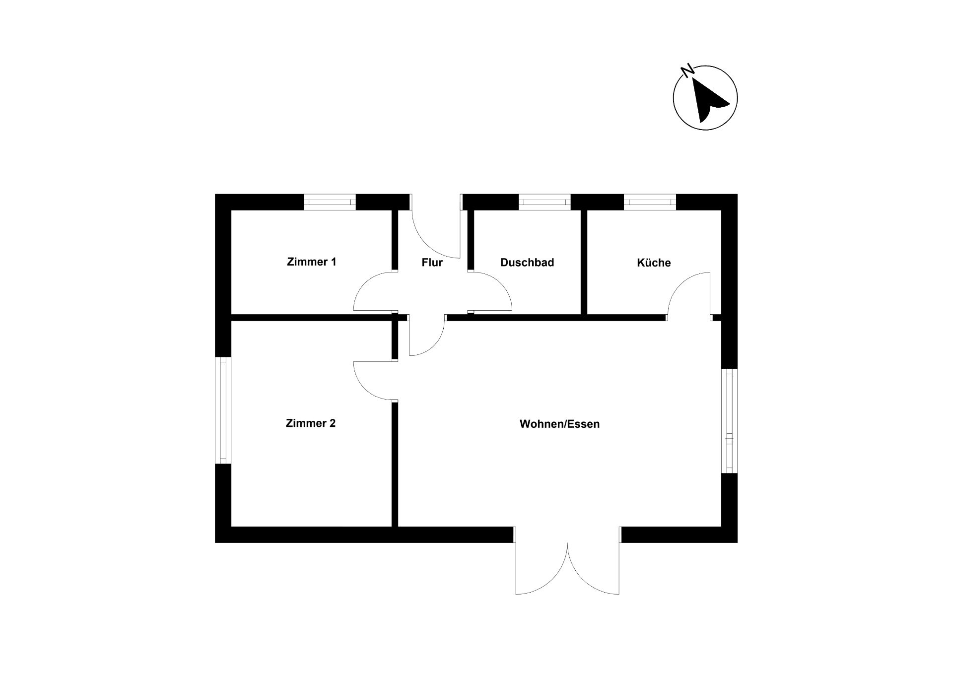 Grundriss einer Wohnung mit zwei Zimmern, Wohn-/Essbereich, Duschbad, Küche und Flur.