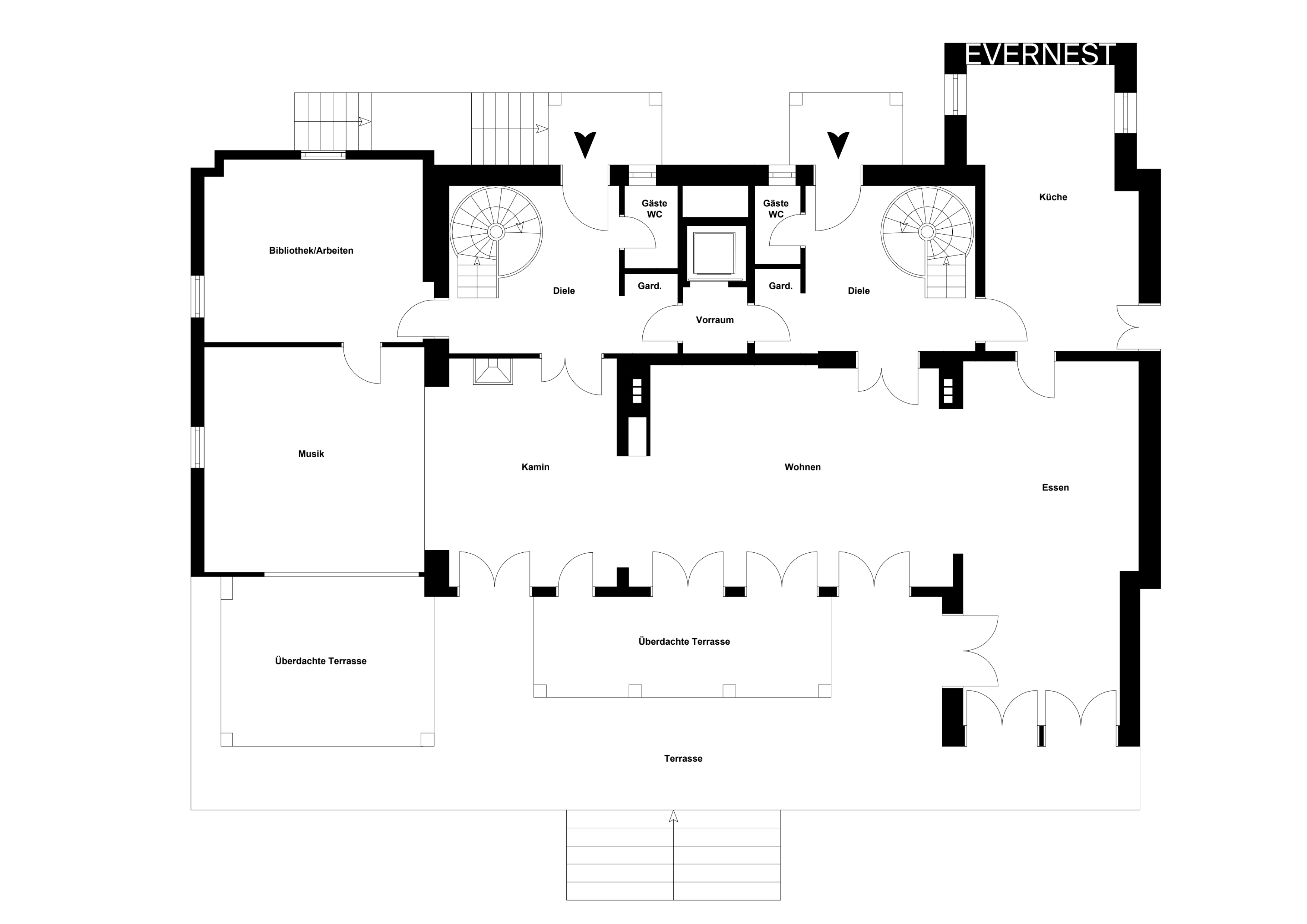 Grundriss eines Wohnhauses mit Bibliothek, Musikzimmer, Küche, Wohnzimmer und Terrasse.