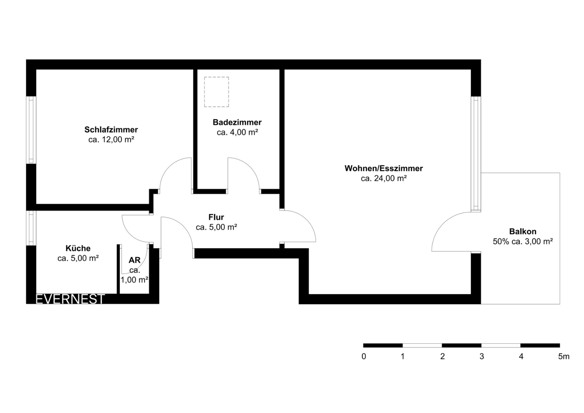 Grundriss einer Wohnung mit Schlafzimmer, Küche, Bad, Flur, Wohnbereich, Abstellraum und Balkon.