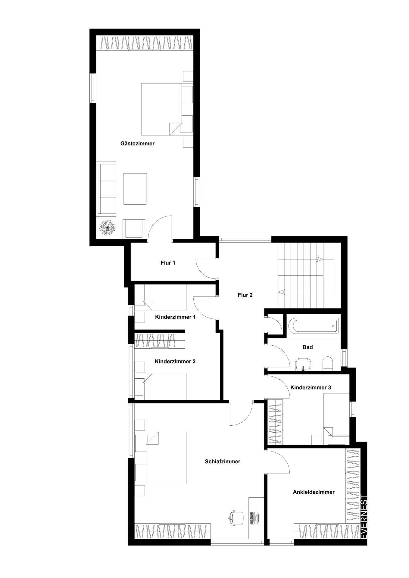 Grundriss mit Schlafzimmer, Ankleidezimmer, drei Kinderzimmern, Gästezimmer und Bad.