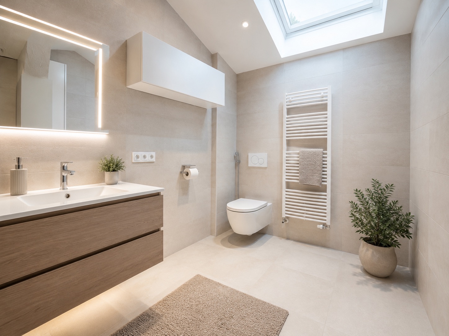 Modernes Badezimmer mit Waschbecken, Spiegel, Toilette, Handtuchheizkörper, Pflanze und Dachfenster.
