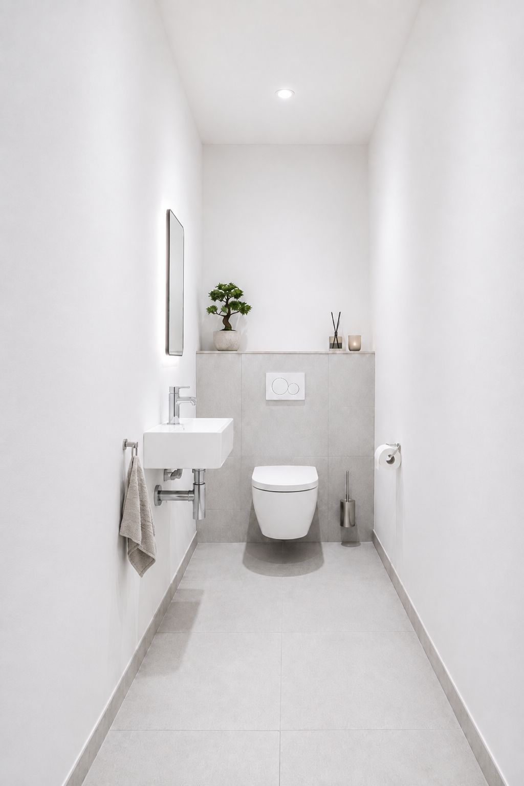 Helles, modernes WC mit Waschbecken, Wandtoilette und kleiner Pflanze.