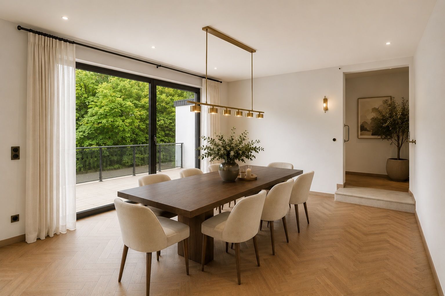 Esszimmer mit großem Holztisch, acht Stühlen, hängender Lampe und Zugang zum Balkon.