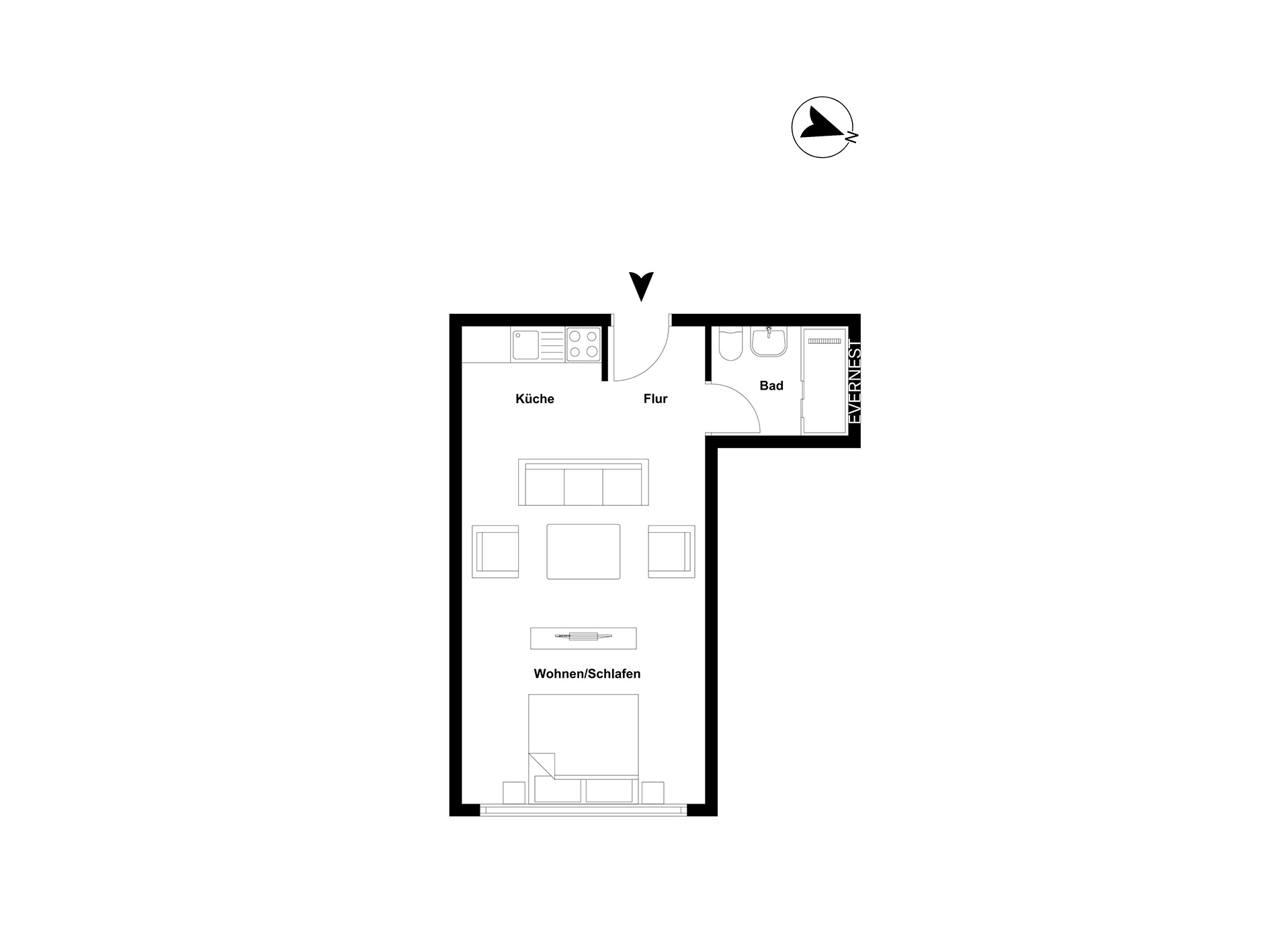 Grundriss einer Wohnung mit Küche, Flur, Bad und Wohn-/Schlafbereich.