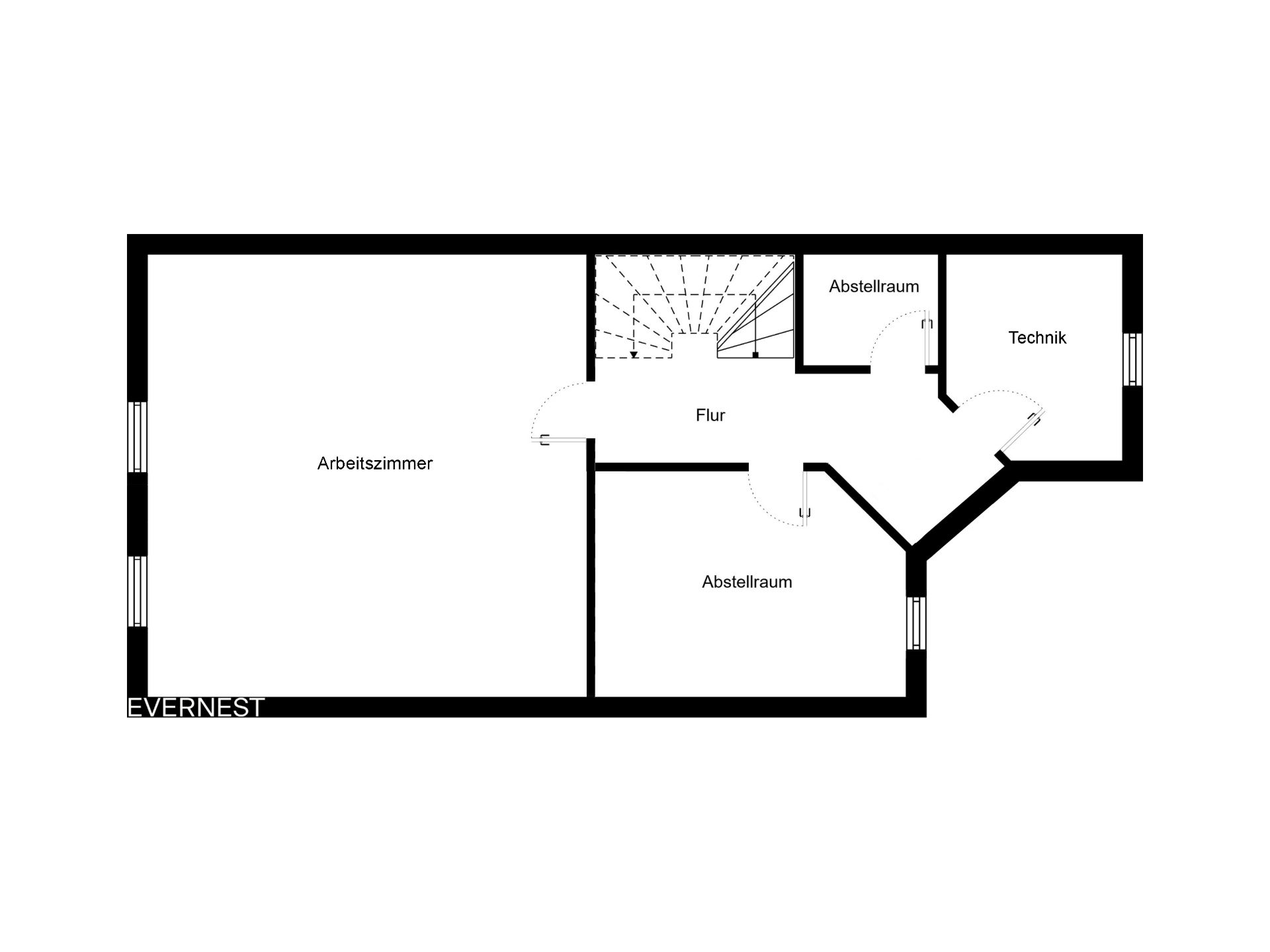Grundriss mit Arbeitszimmer, zwei Abstellräumen, Flur und Technikraum.