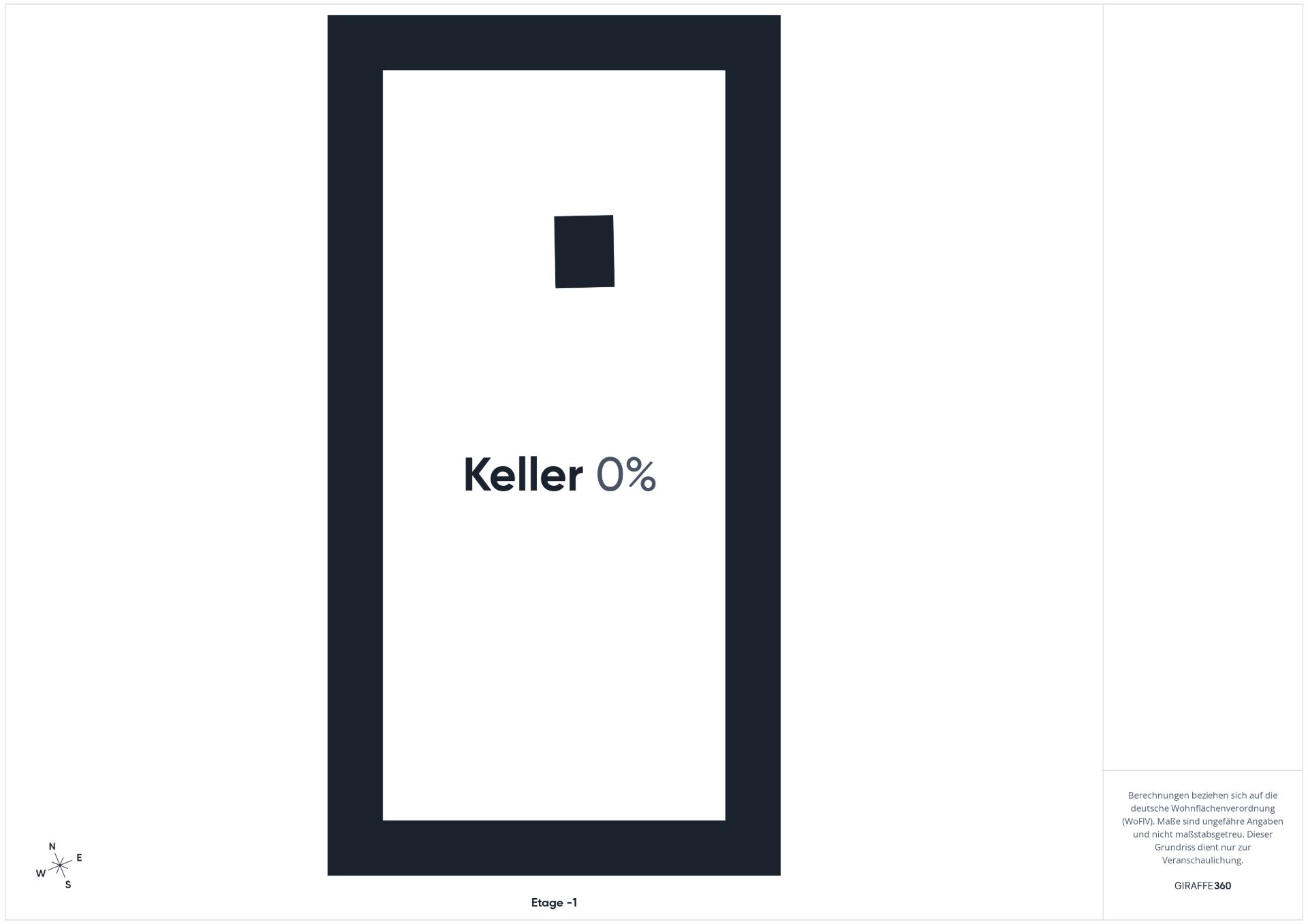 Grundriss eines rechteckigen Kellers mit einem kleinen Quadrat innen.