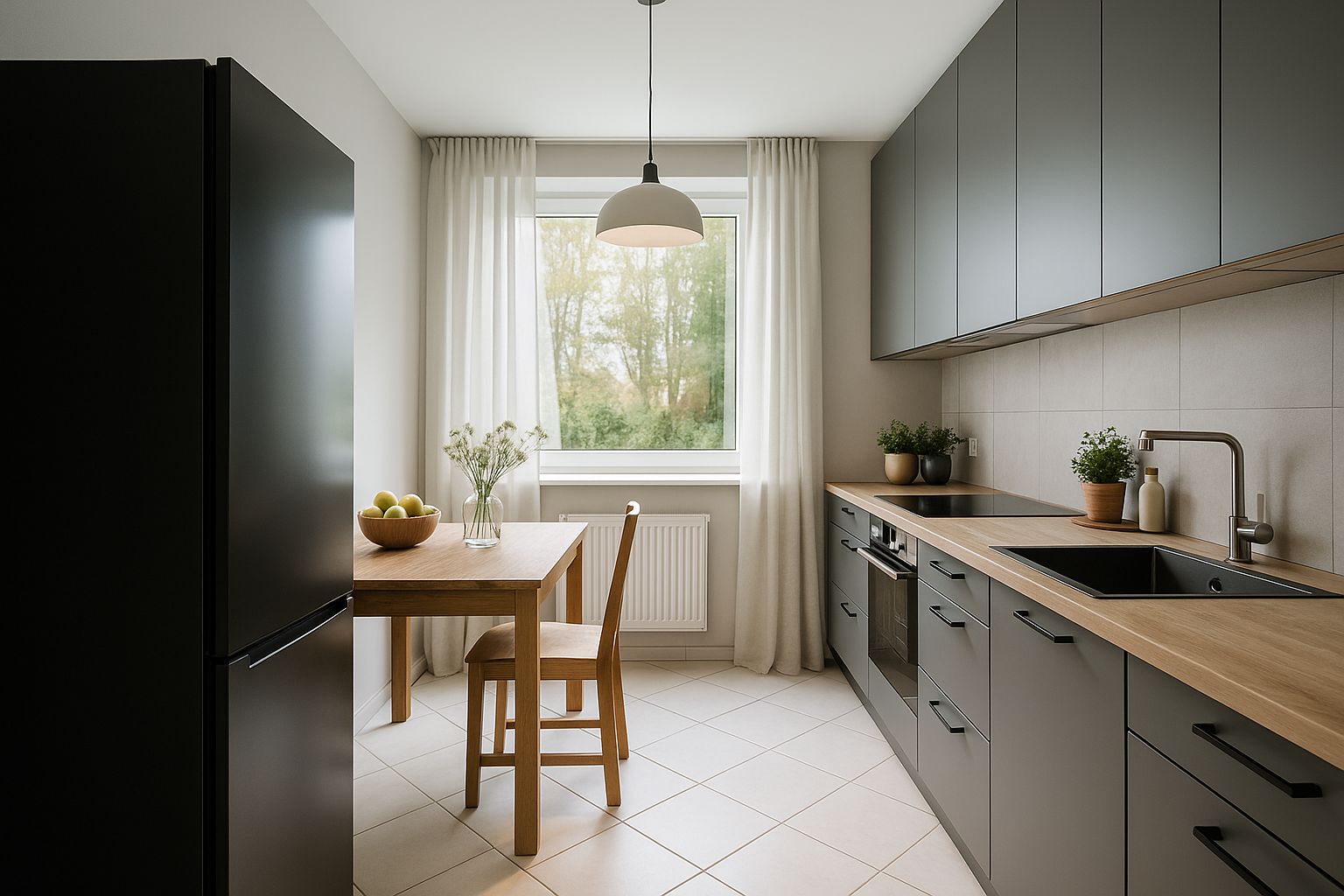 Moderne Küche mit grauen Schränken, Holztisch, Stuhl und großem Fenster mit Vorhängen.