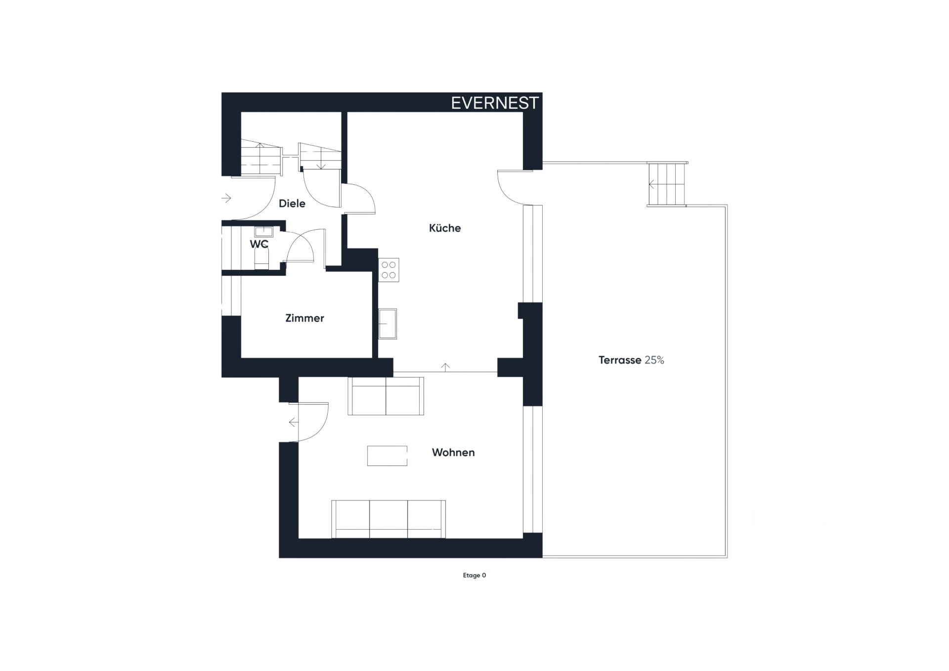 Grundriss mit Zimmer, Küche, Wohnbereich, Diele, WC und großer Terrasse.