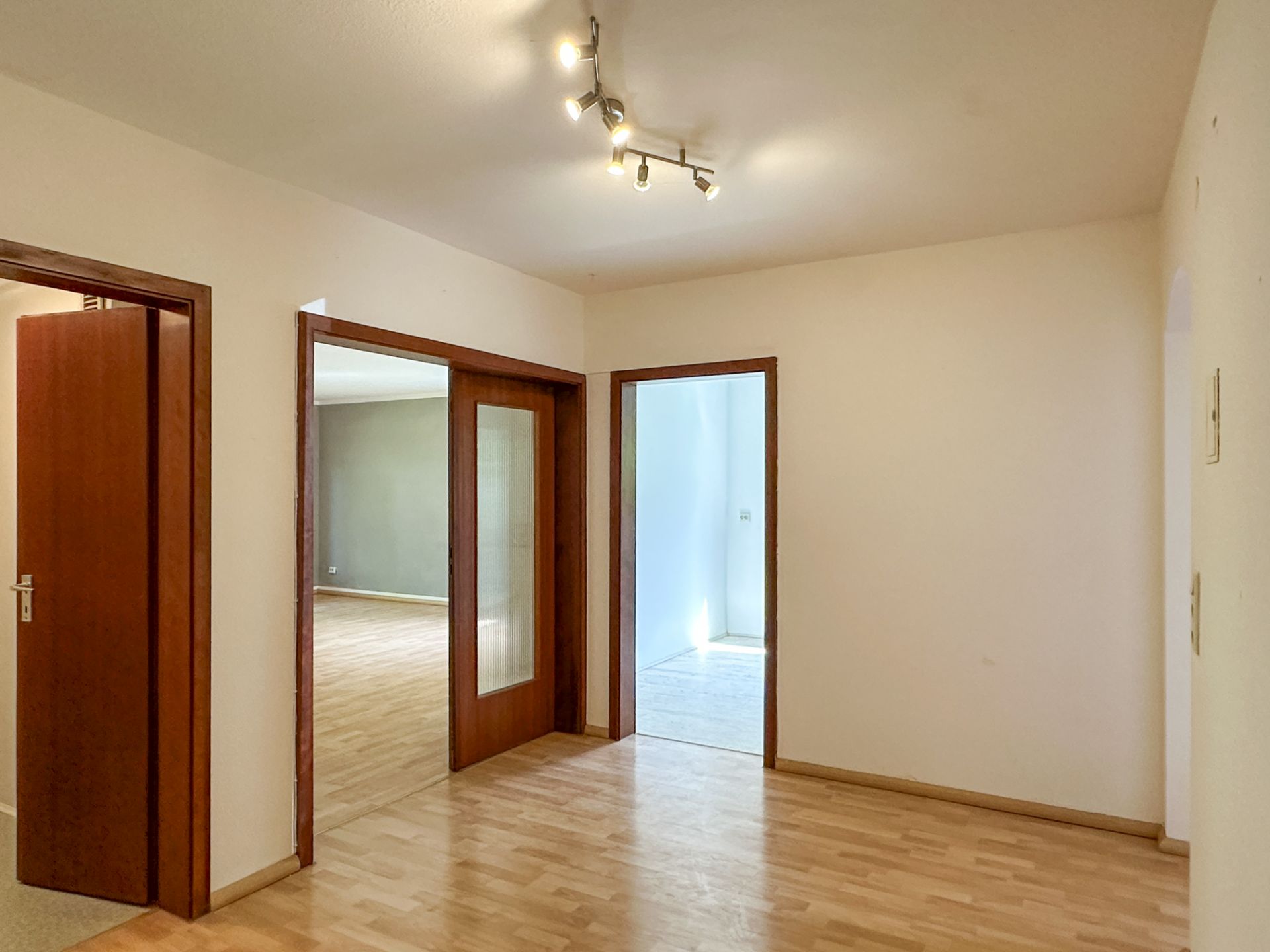 Heller Flur mit Holzfußboden, mehreren Türen und Spotbeleuchtung an der Decke.