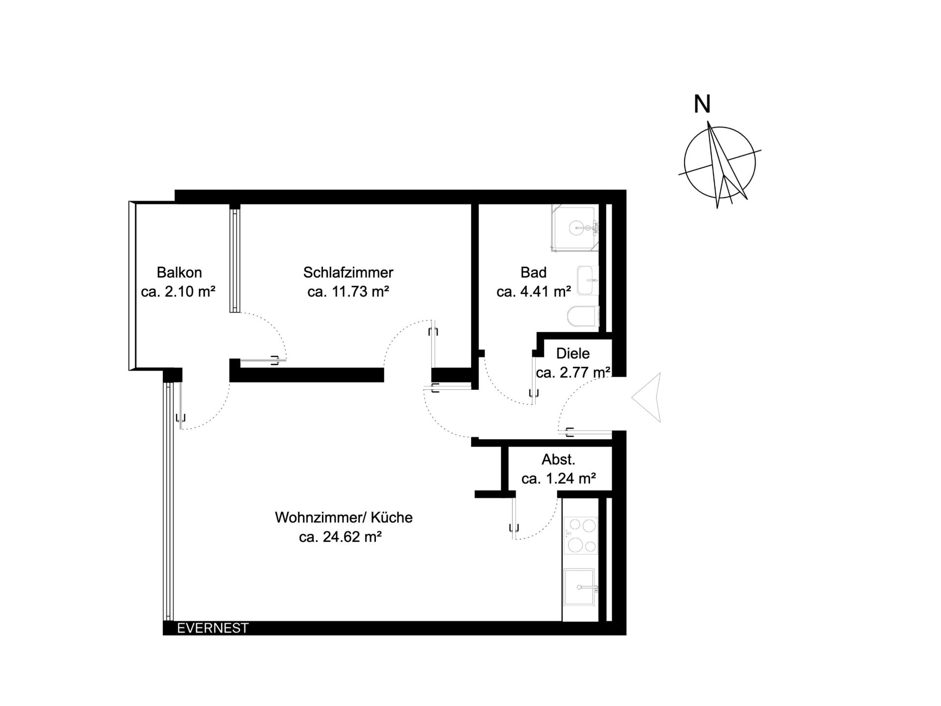 Grundriss einer Wohnung mit Balkon, Schlafzimmer, Bad, Wohnzimmer/Küche und Abstellraum.