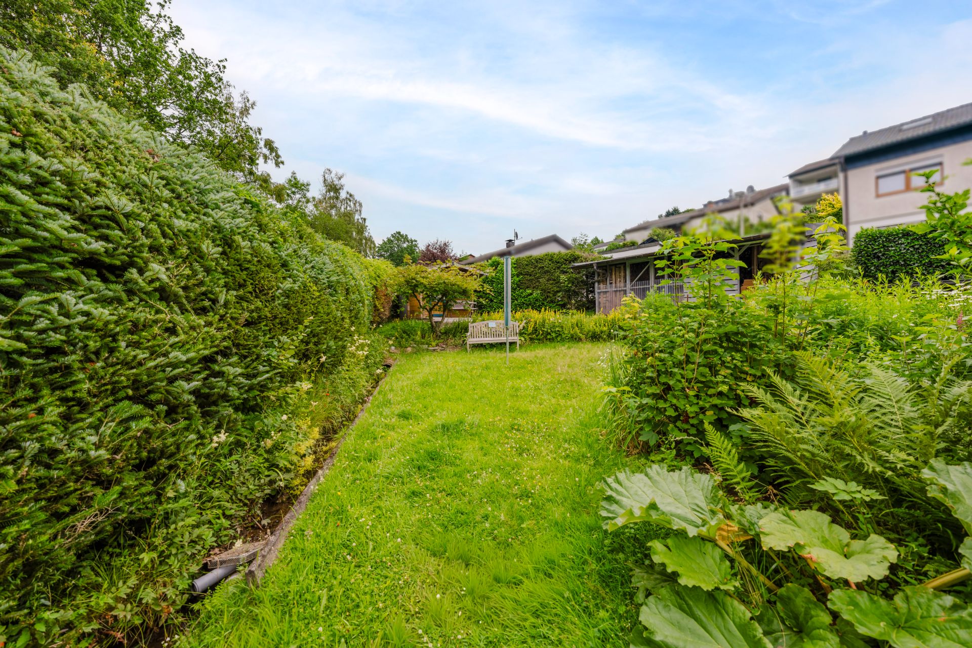 Garten mit Rasen, Hecken und Pflanzen, daneben Häuser im Hintergrund.