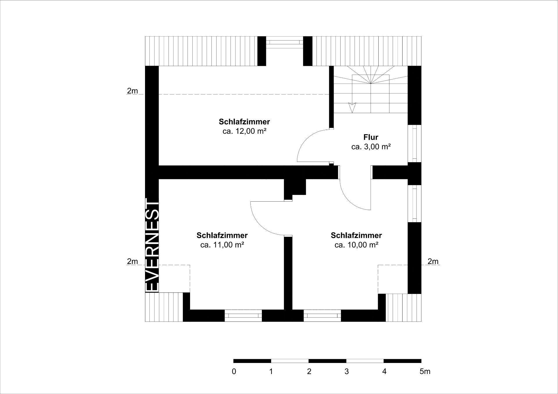 Grundriss mit drei Schlafzimmern und einem Flur, Flächenangaben in Quadratmetern.