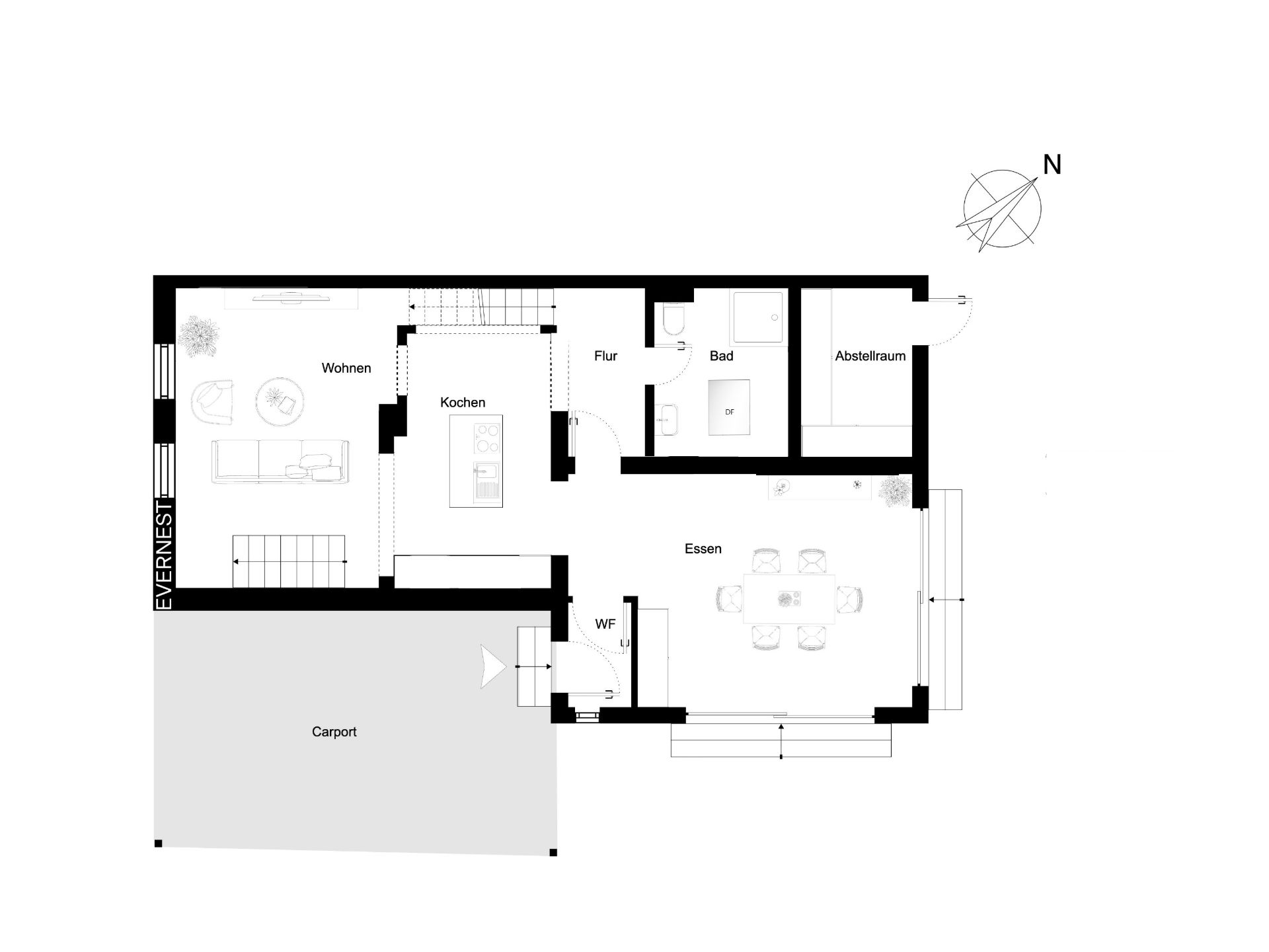 Grundriss eines Hauses mit Wohnzimmer, Küche, Bad, Abstellraum, Essbereich und Carport.
